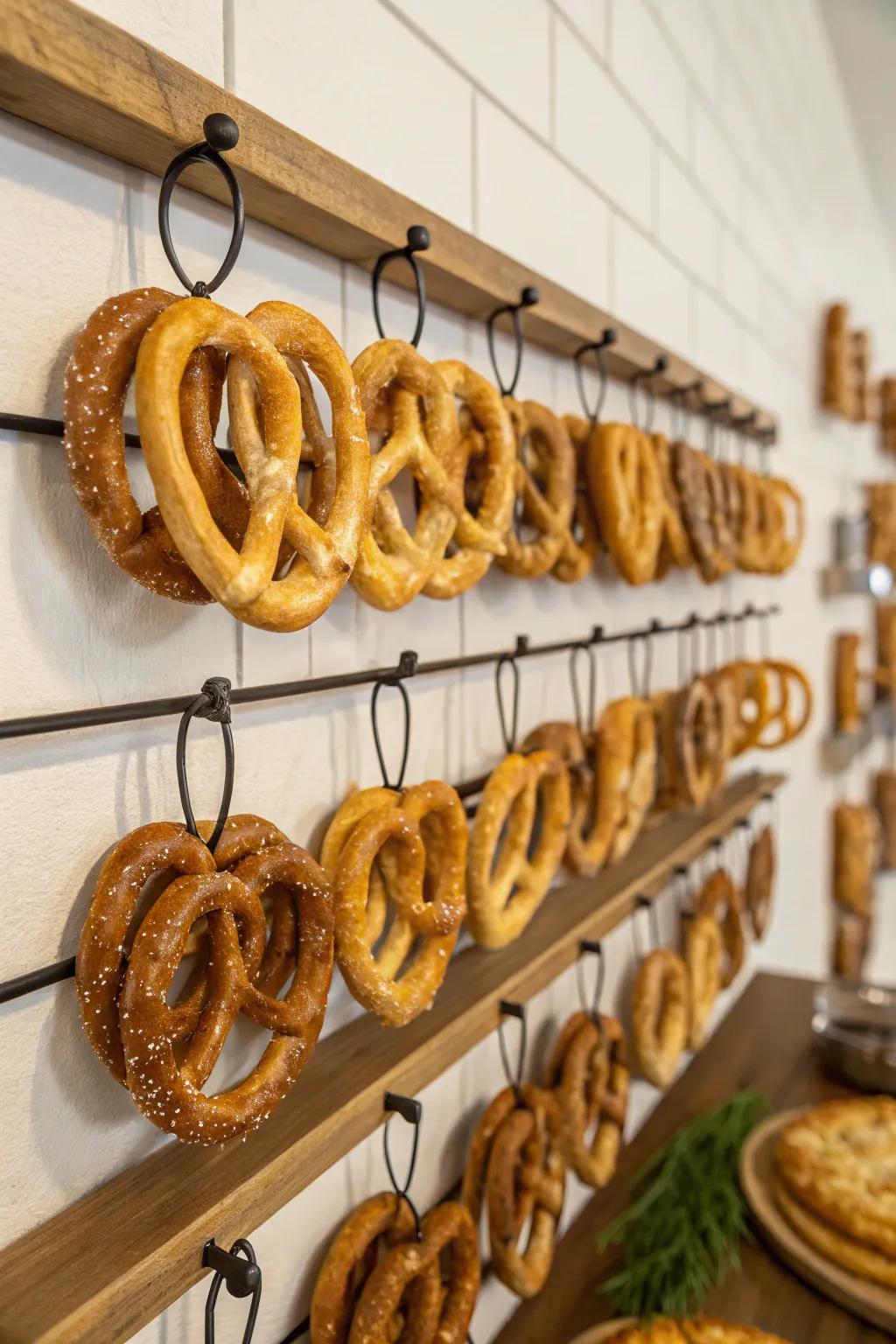 A pretzel wall adds a unique snack display.