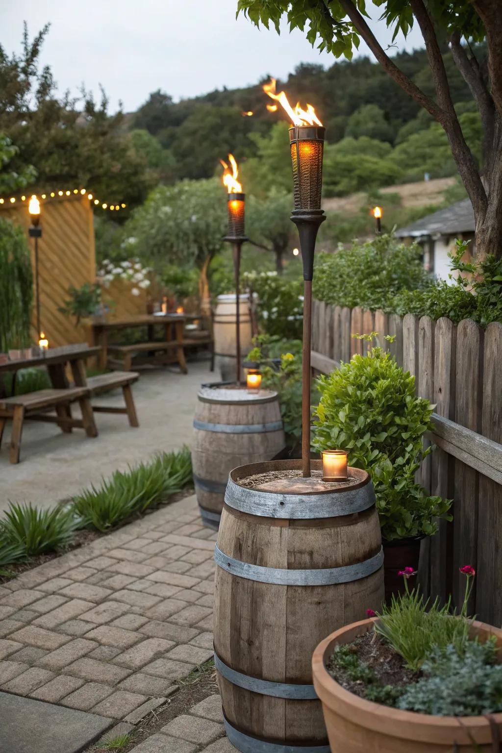 Add rustic charm with wine barrel tiki torches.