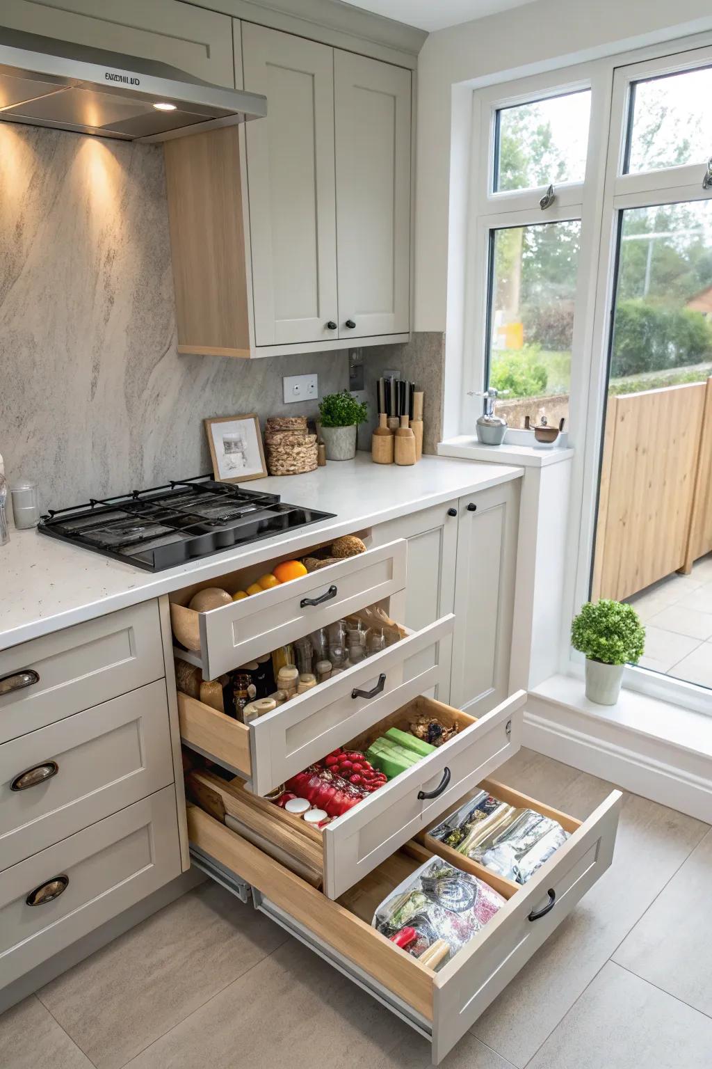 Hidden storage keeps a tiny kitchen organized and clutter-free.