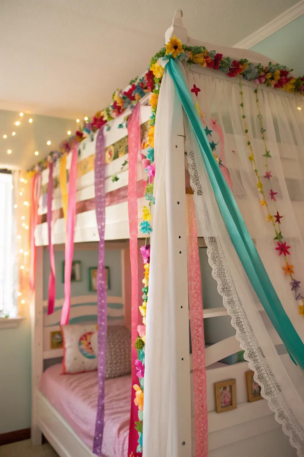 Ribbons and garlands bring whimsy to the top bunk.