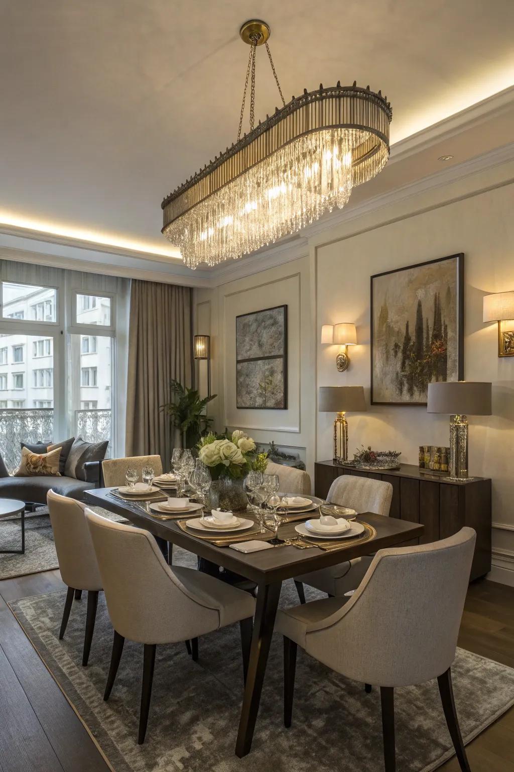 Dining area with a modern chandelier