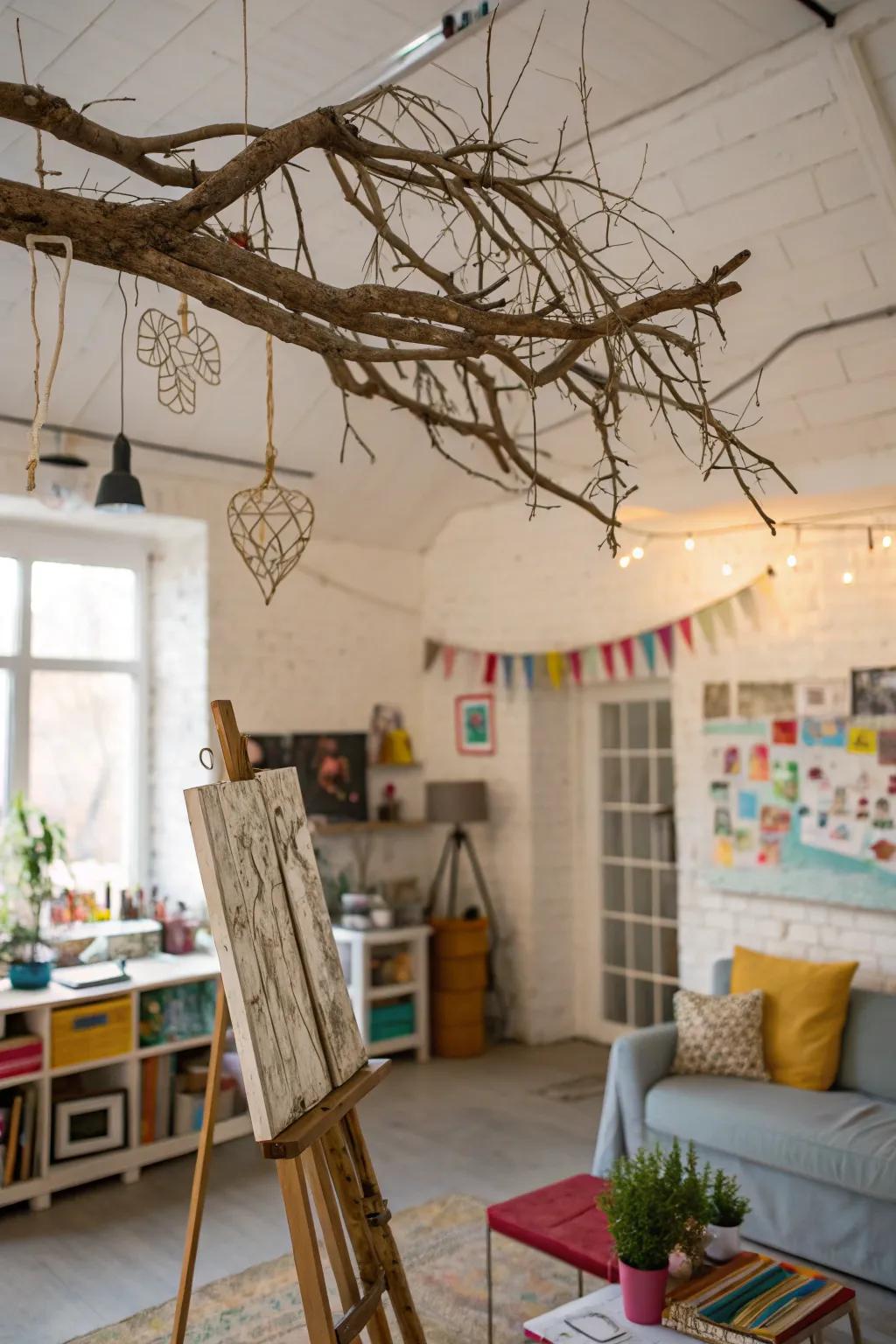 Dramatic hanging branch decor in an artistic studio.