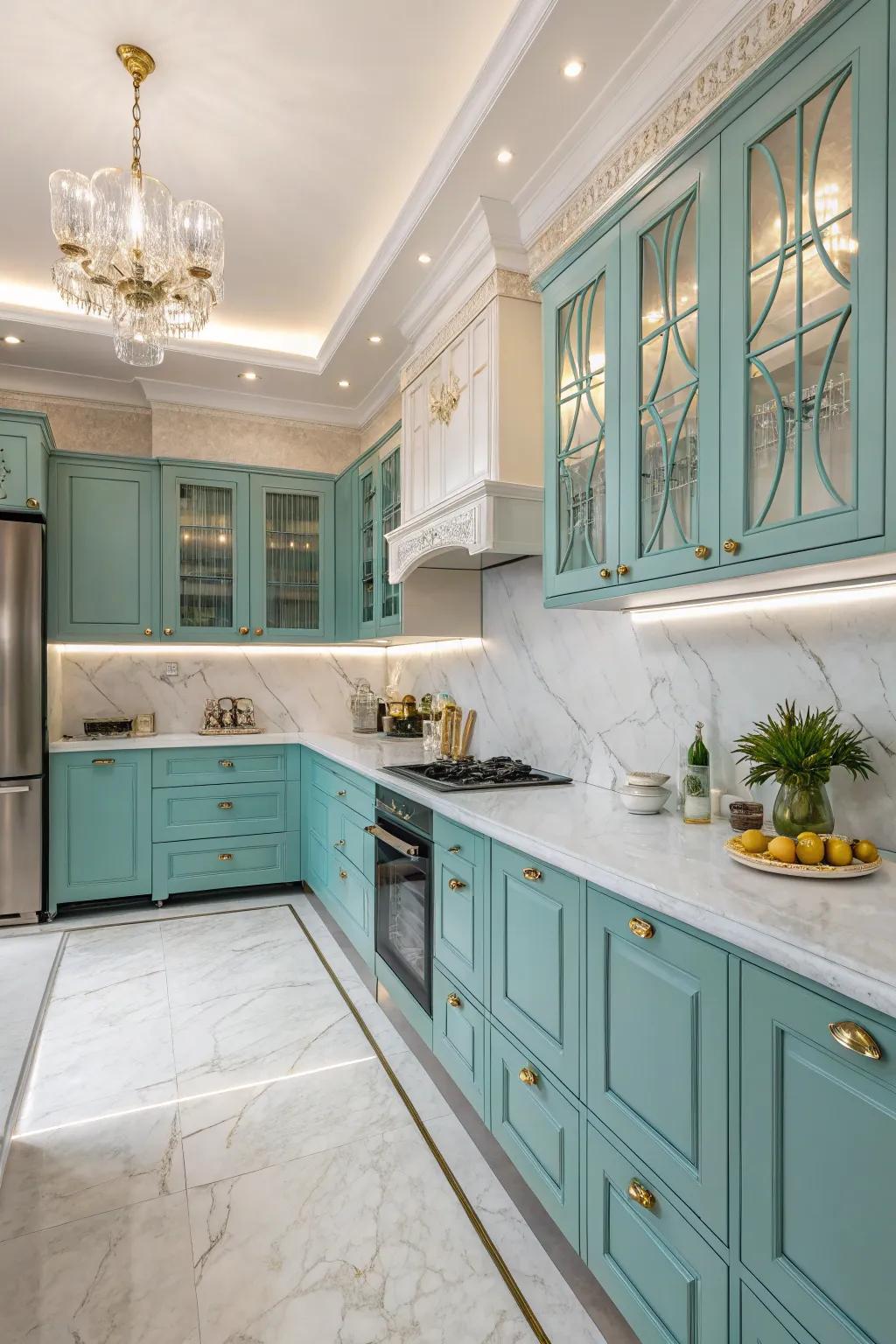 Marble countertops providing a sleek contrast to turquoise cabinetry.