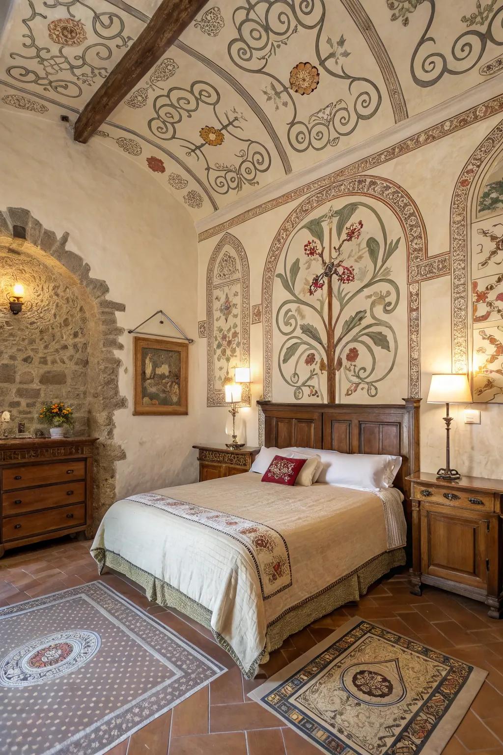 Decorative art brings color and personality to your Tuscan-themed bedroom.