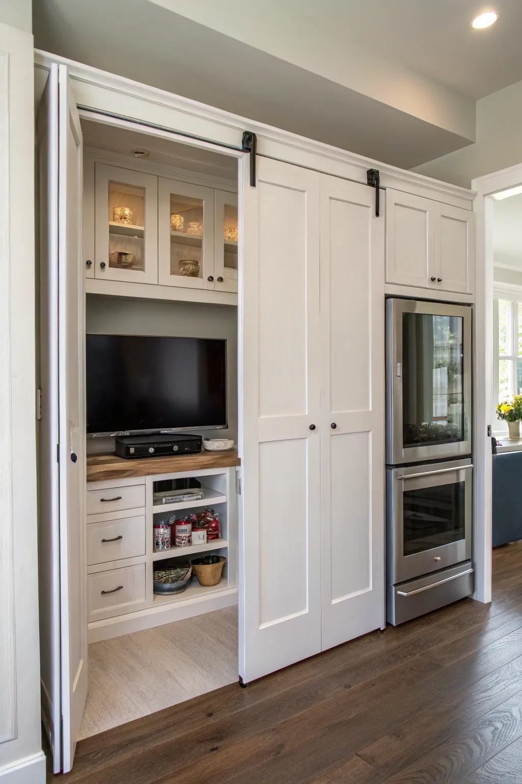 A TV hidden behind pocket doors, maintaining a sleek kitchen appearance.