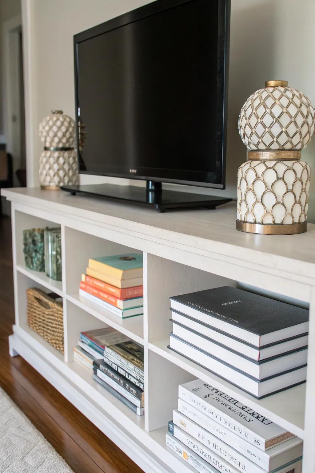 Books add character and coziness to TV stand decor.