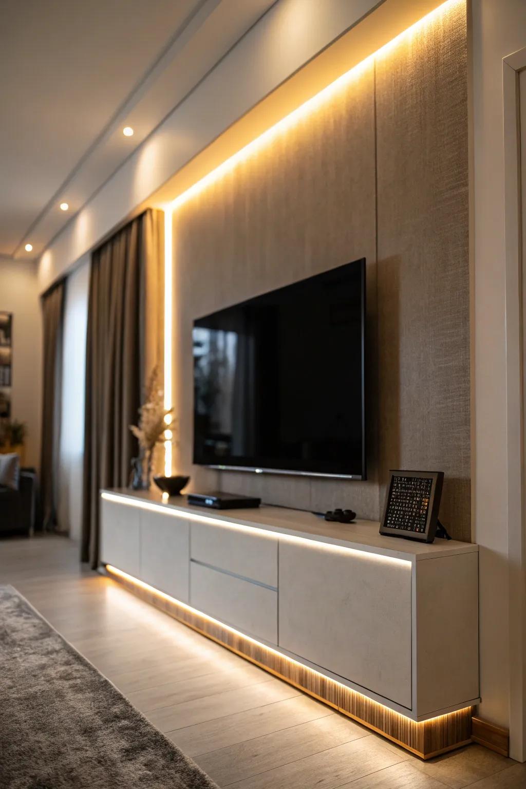 Modern lighting enhances the ambiance of this TV wall.