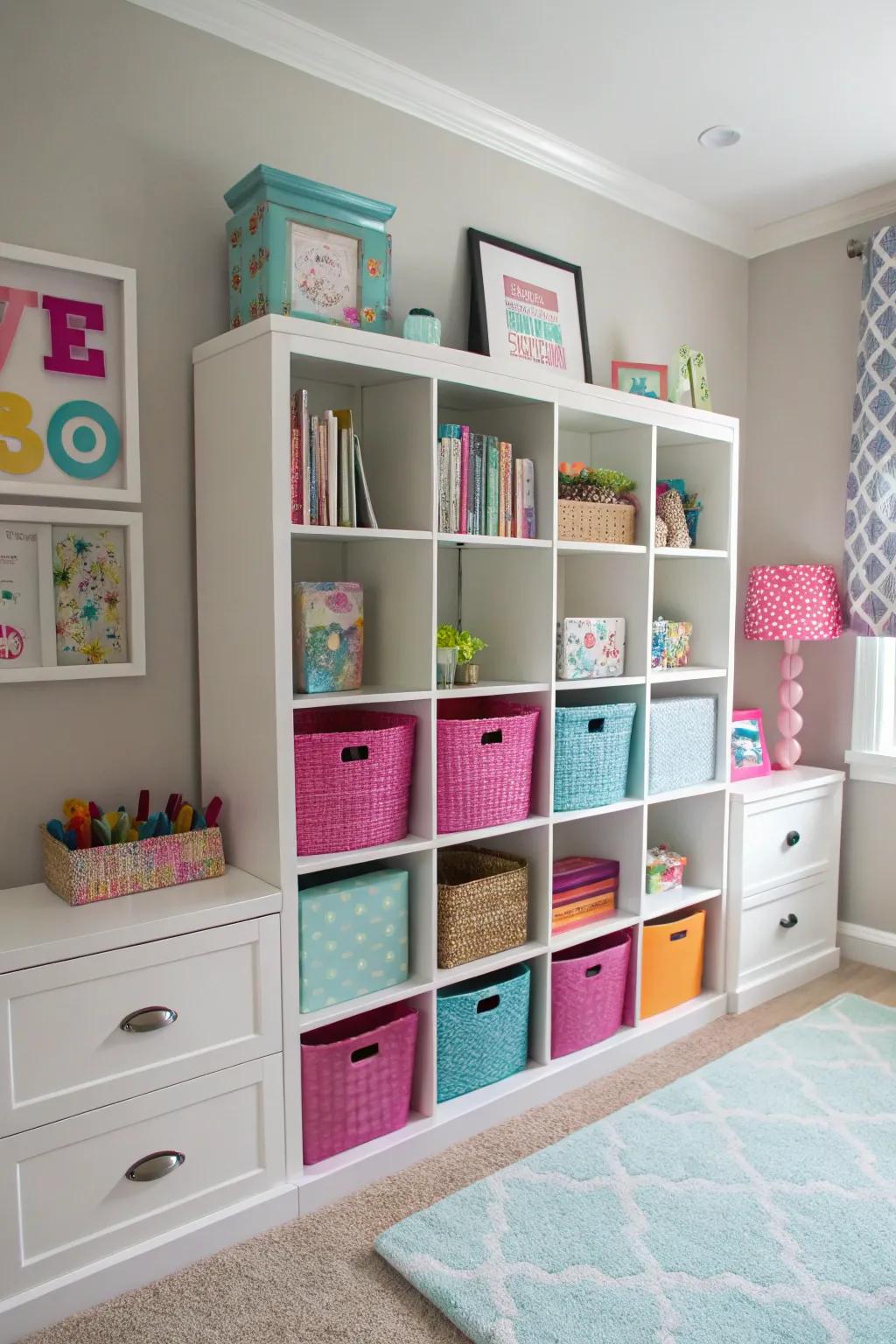 Neat organization with stylish shelves and storage.