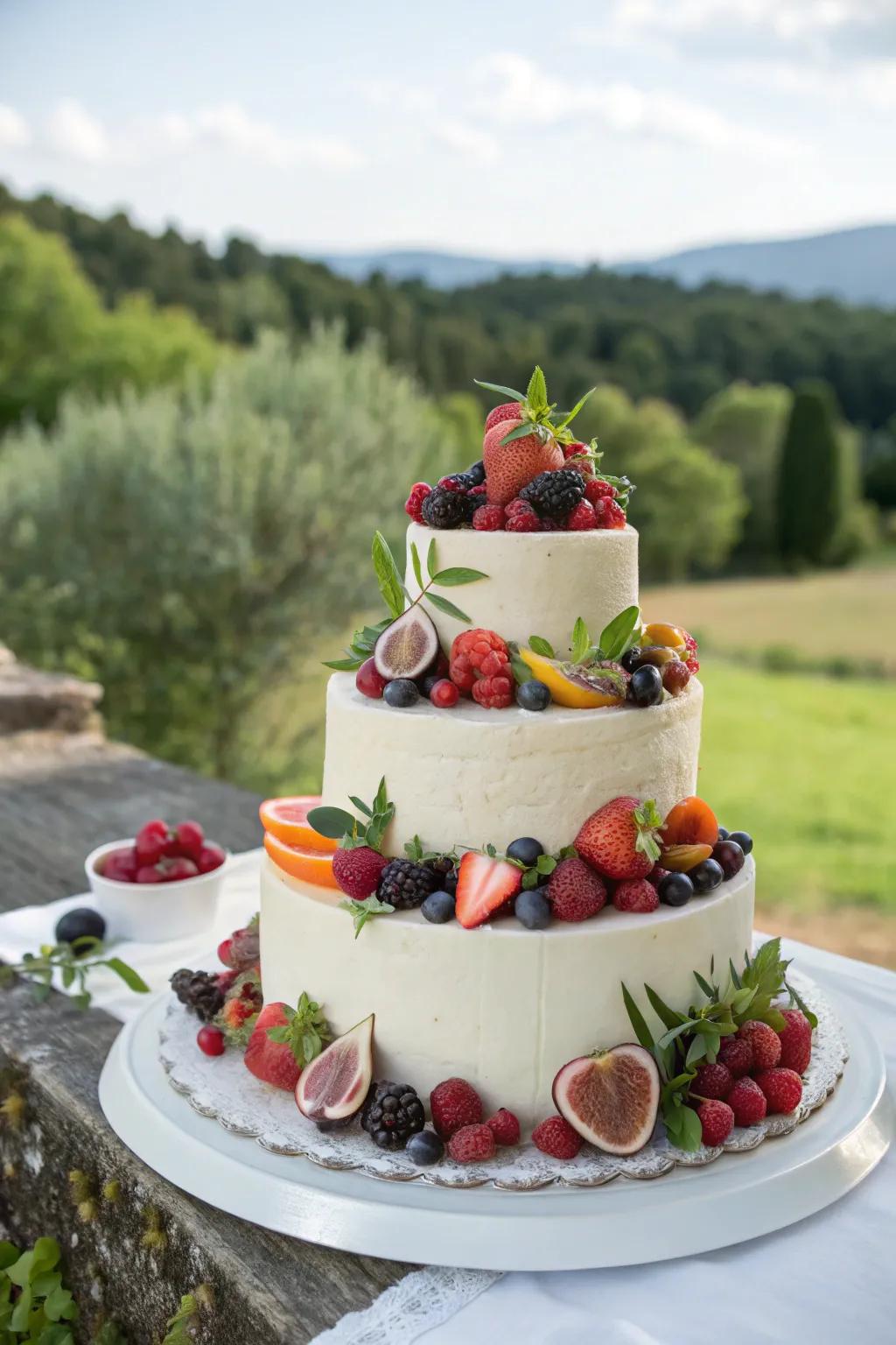 A cake garnished with seasonal fruits for a fresh look.