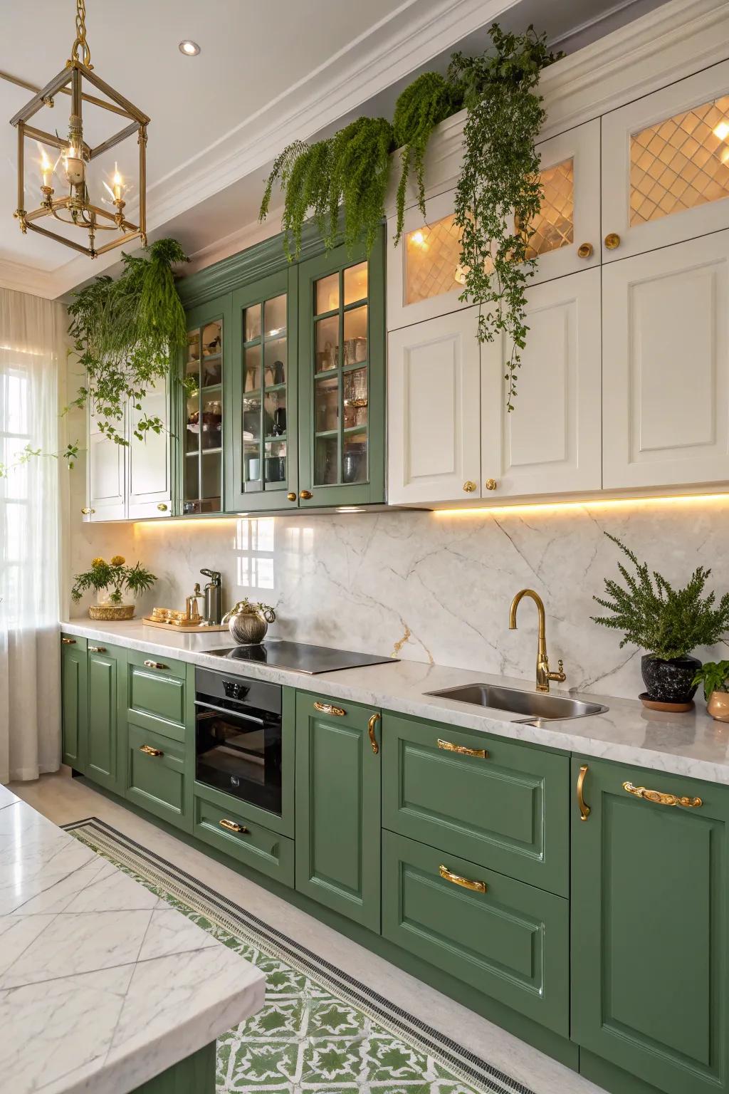 An earthy green and gold kitchen that exudes luxury.