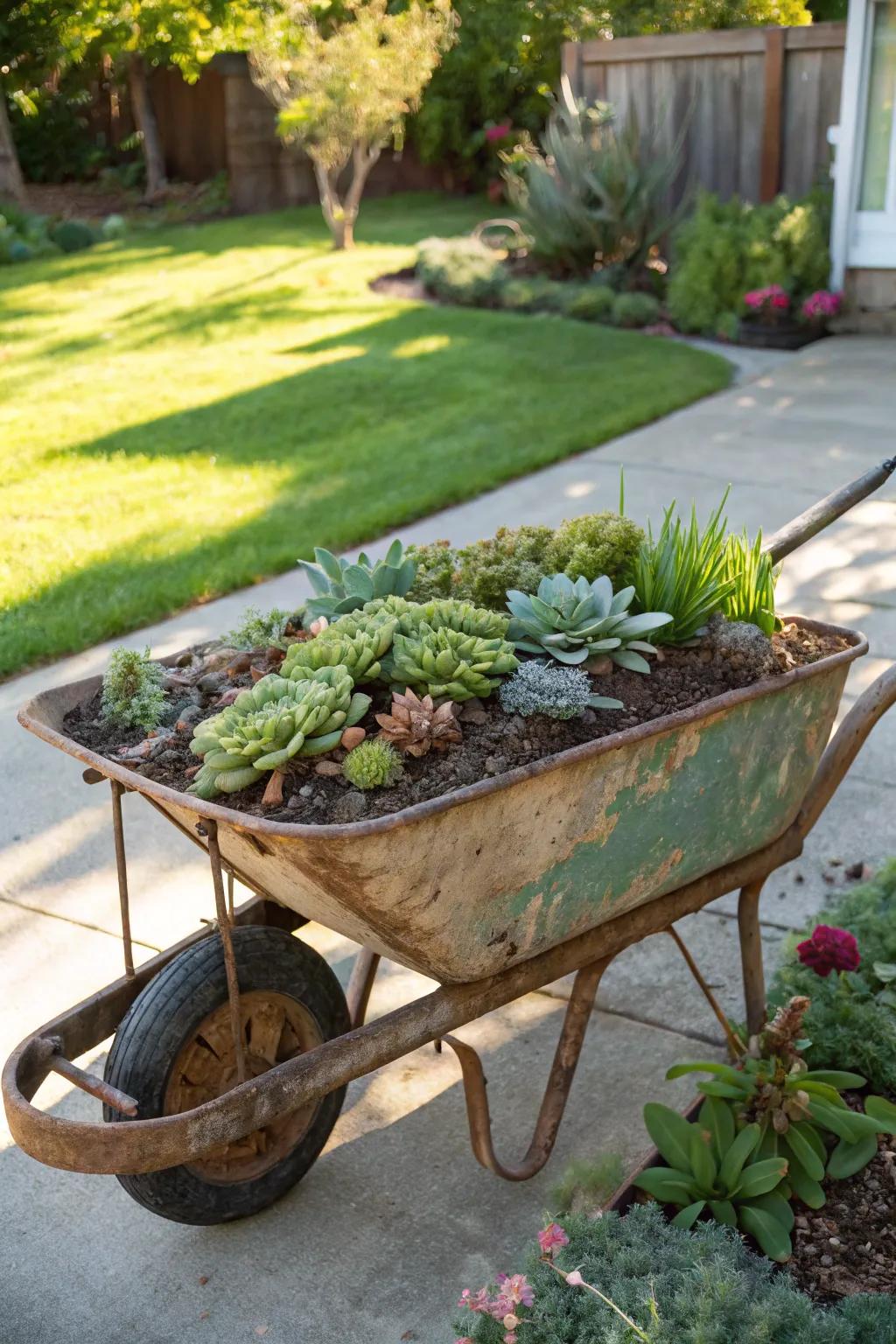 A rustic wheelbarrow transformed into a lush mobile succulent garden.