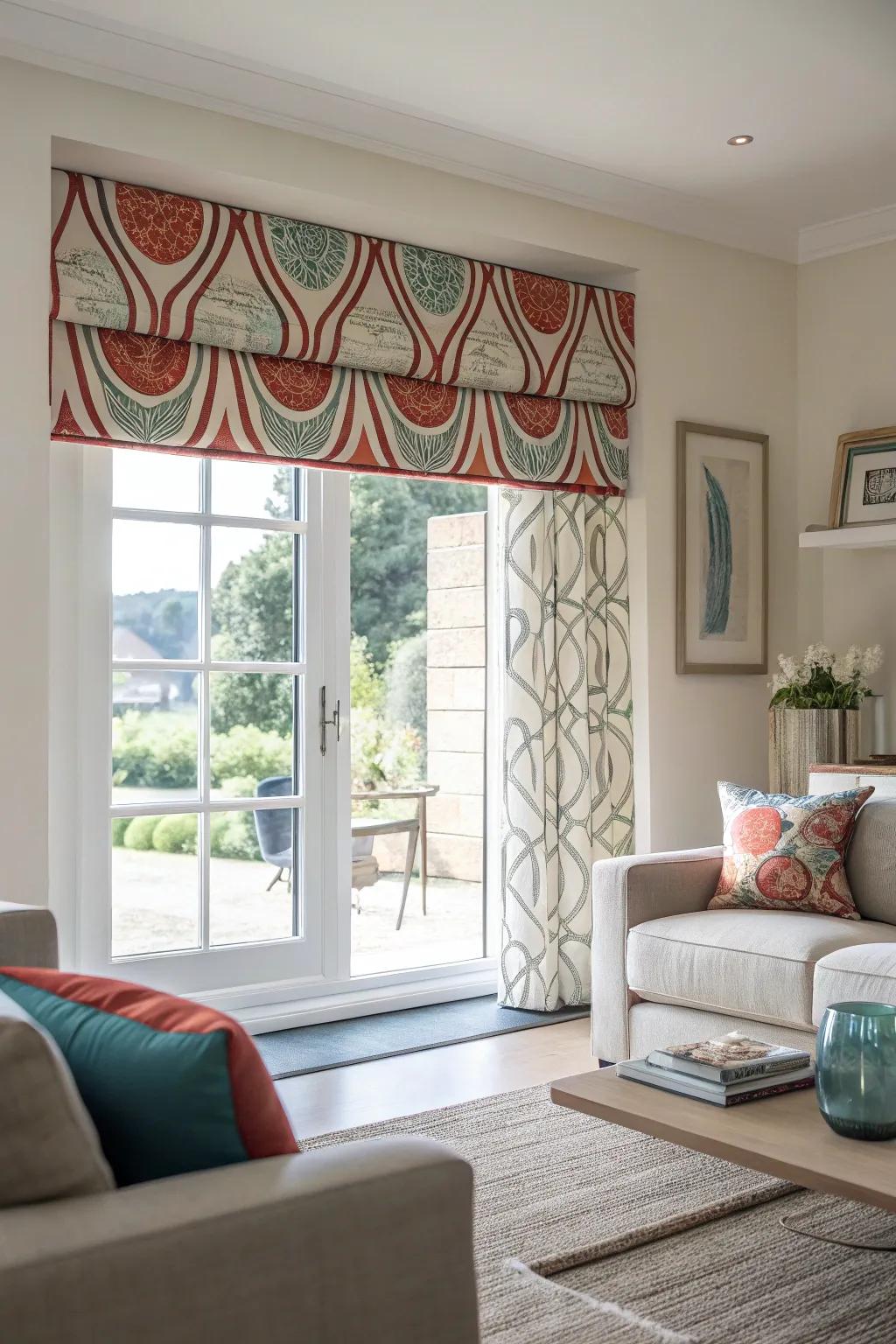 A window with a custom printed abstract design valance in a modern living room.