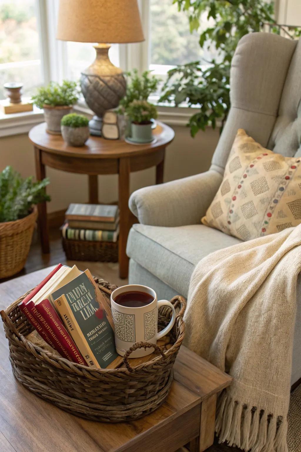 A bookworm's haven basket for cozy reading sessions.