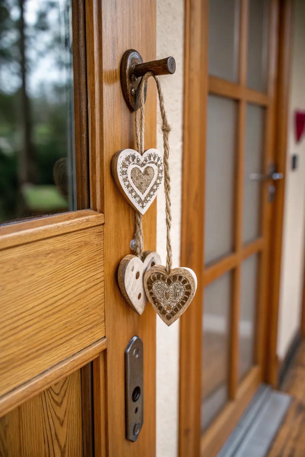 Rustic wooden hearts add a handcrafted touch to your entryway.