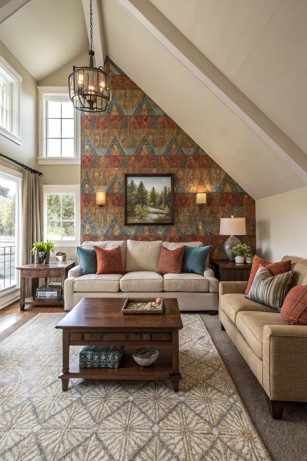 Living room with vaulted ceiling and furniture highlighting the accent wall