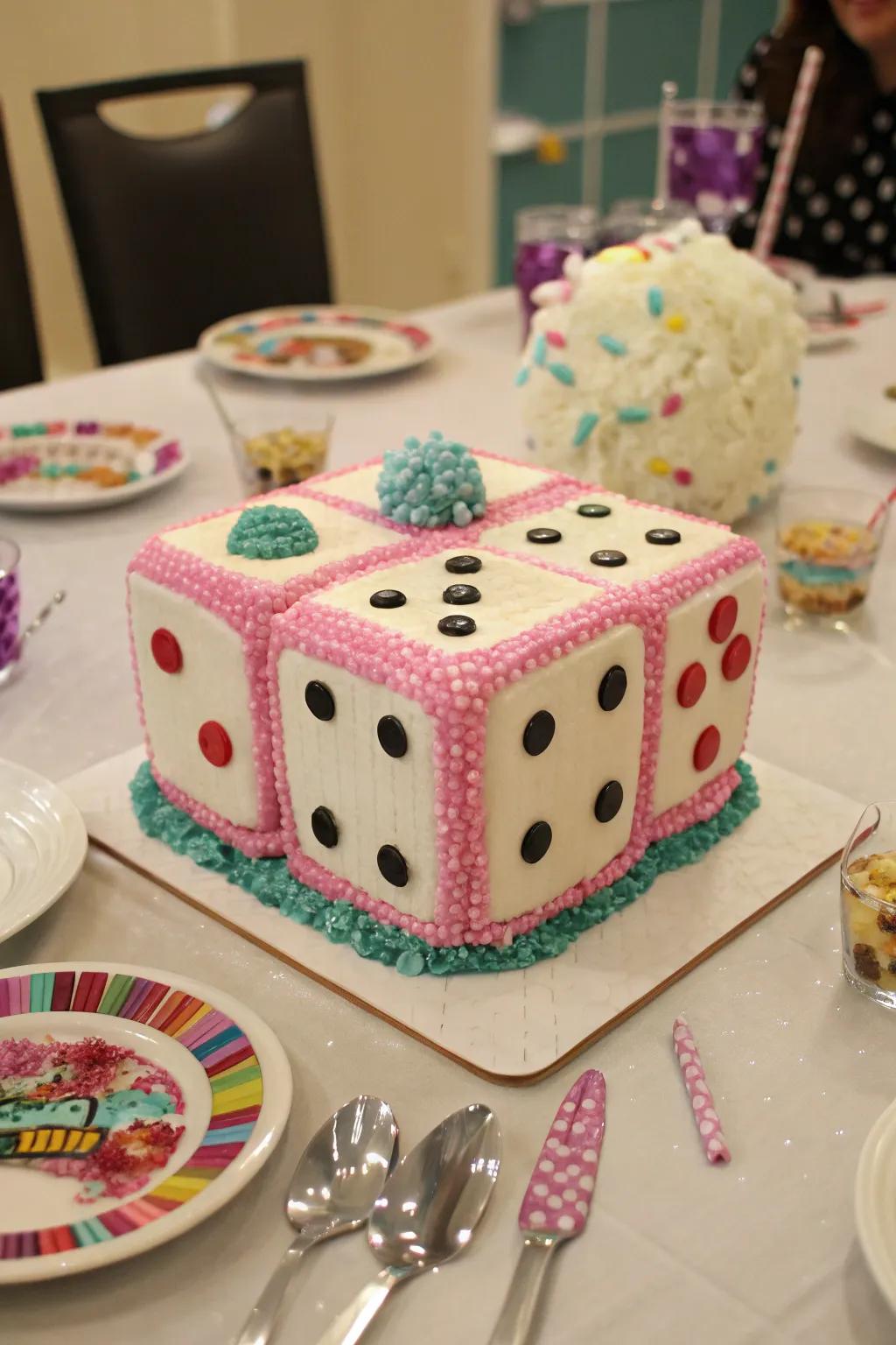 A dice cake is a delicious and thematic centerpiece for your celebration.