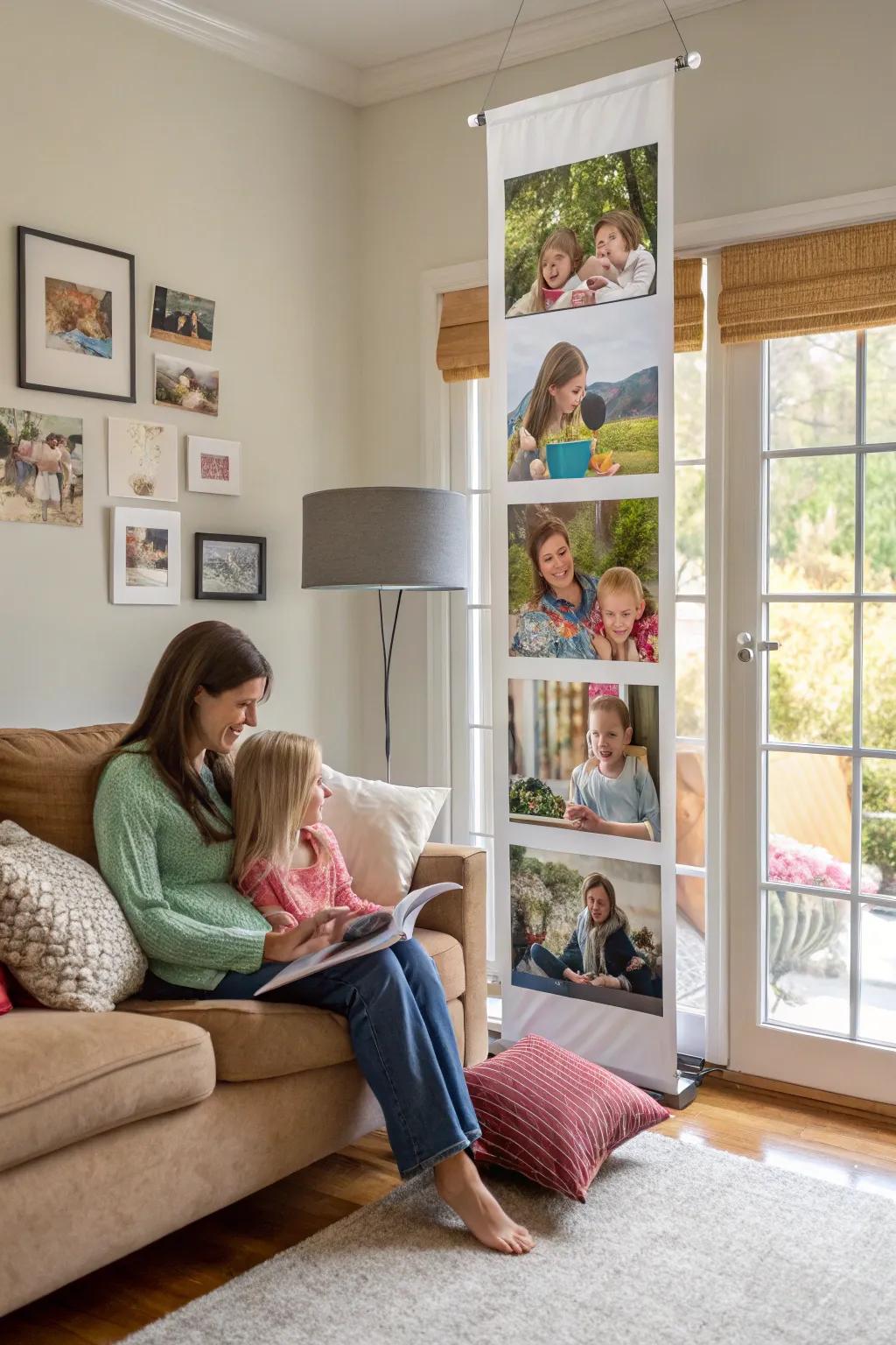 A photo collage banner brings cherished memories to the forefront of a living room.