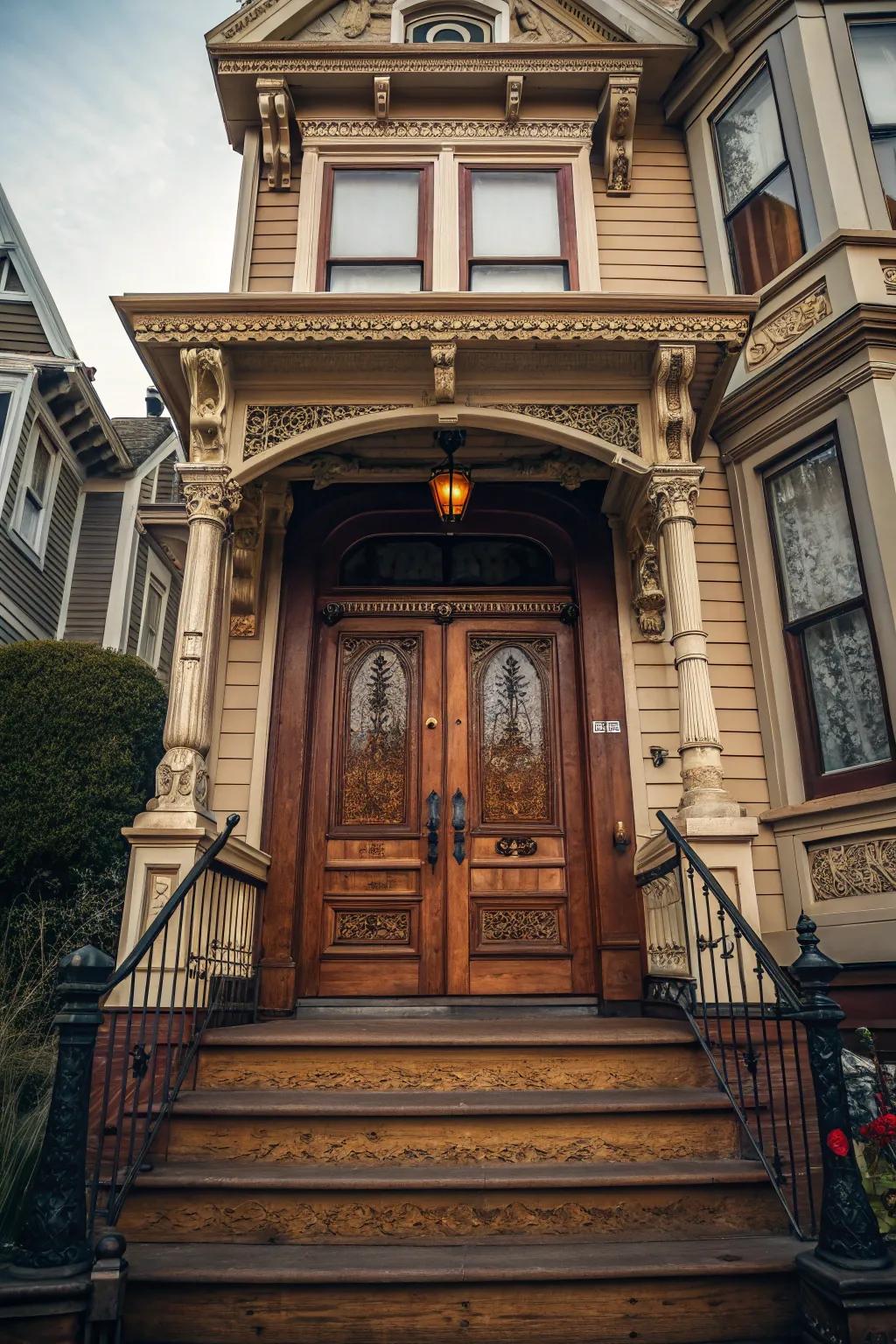 A classic wooden door adds timeless elegance to this Victorian home.