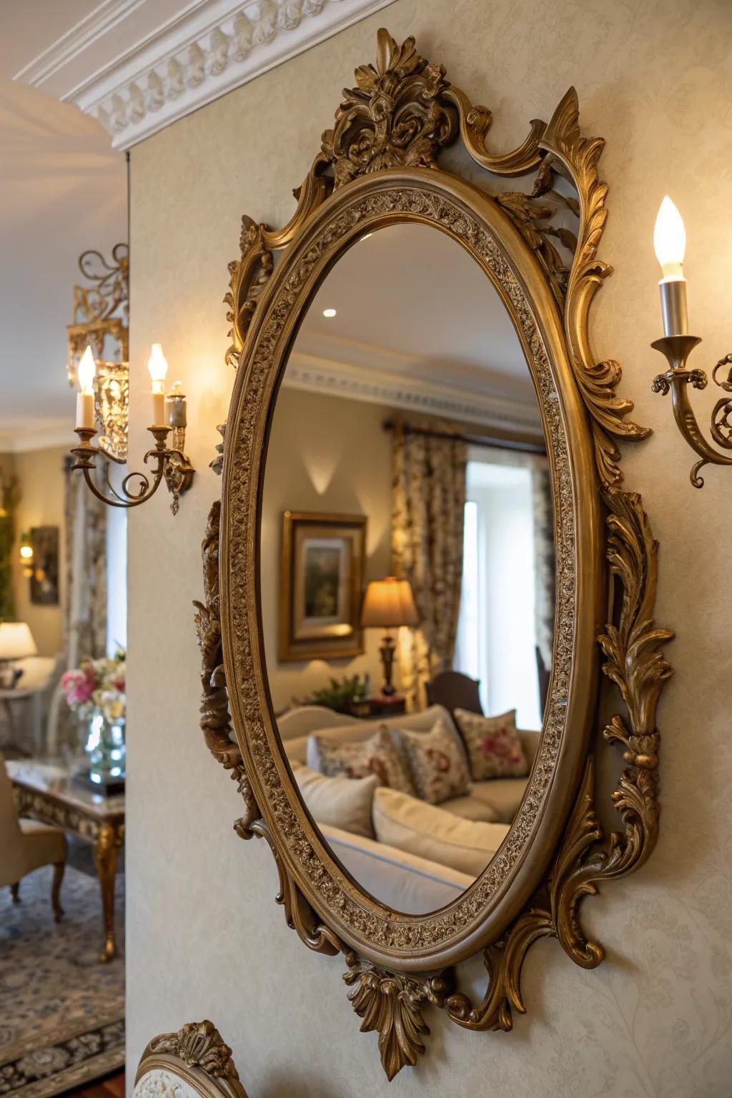 An ornate vintage mirror enhancing the elegance of a living room.