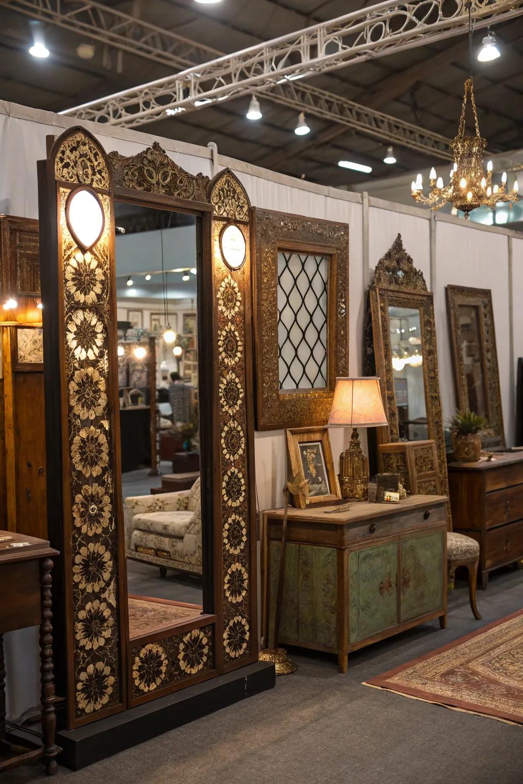 Using antique mirrors to enhance booth displays.