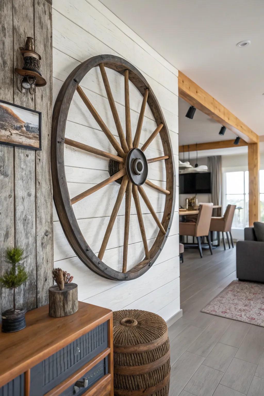 Mixed materials bring a wagon wheel to life in this modern rustic decor.