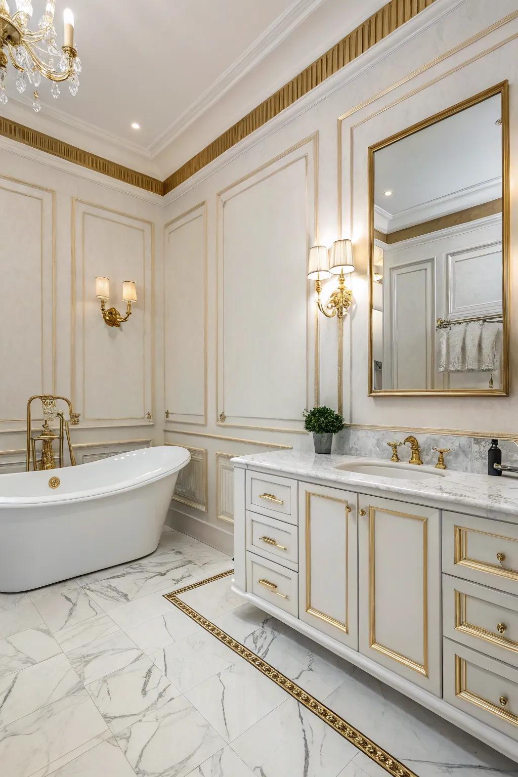 Gold-trimmed wainscoting adds a luxurious glow to your bathroom.