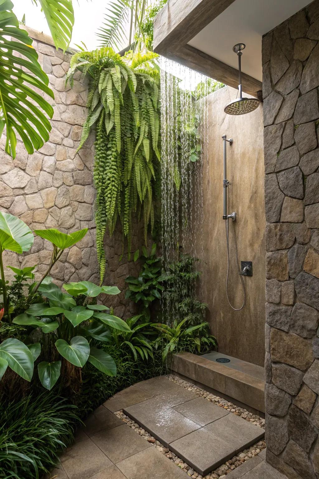 Shower with plants and stone textures.