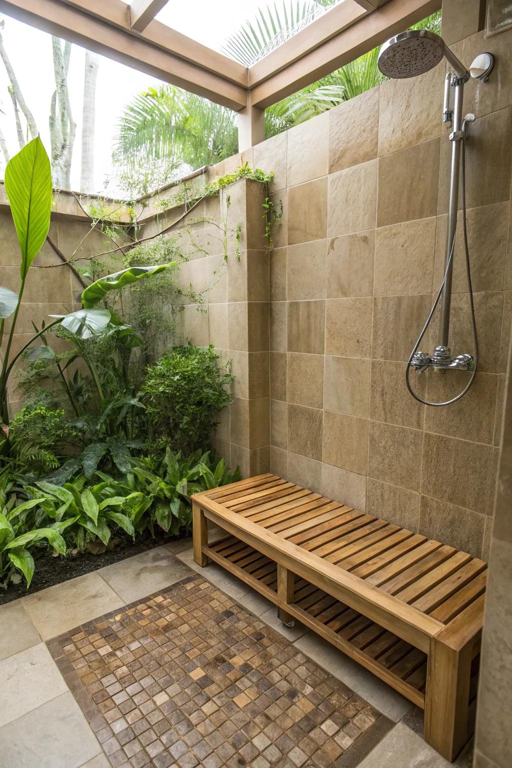 An eco-friendly bamboo bench adds warmth and sustainability to the shower.