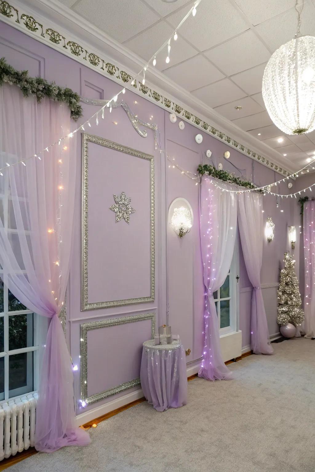 Dreamy and enchanting with lilac walls and silver trim.