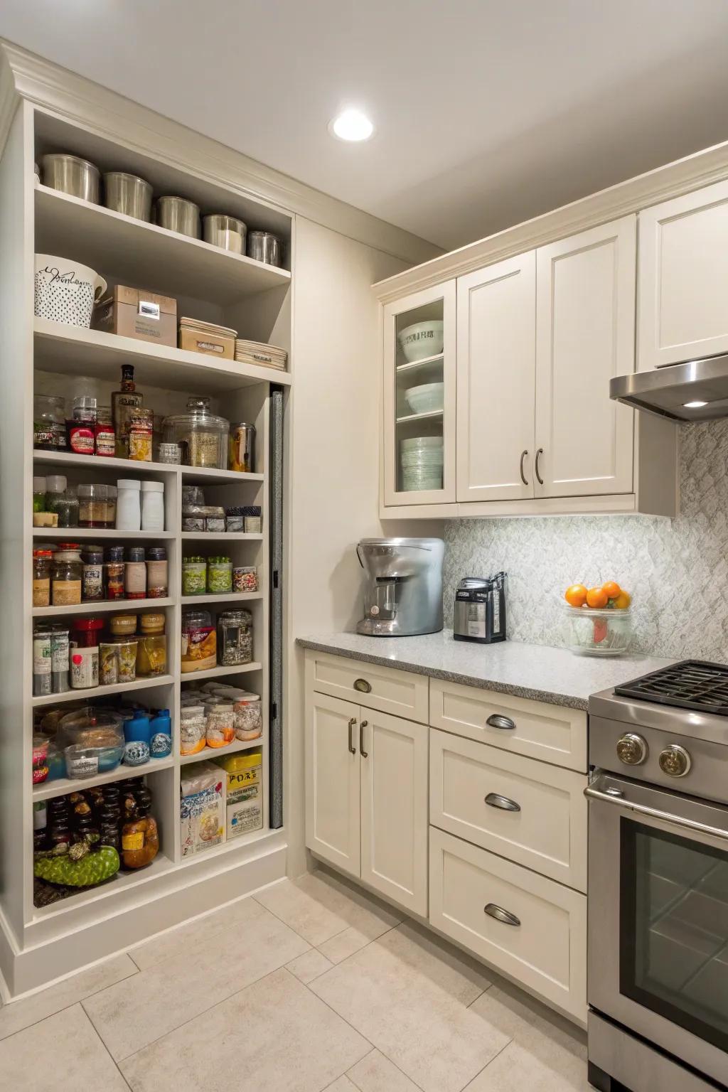 Dual-purpose pantry incorporating a prep area.