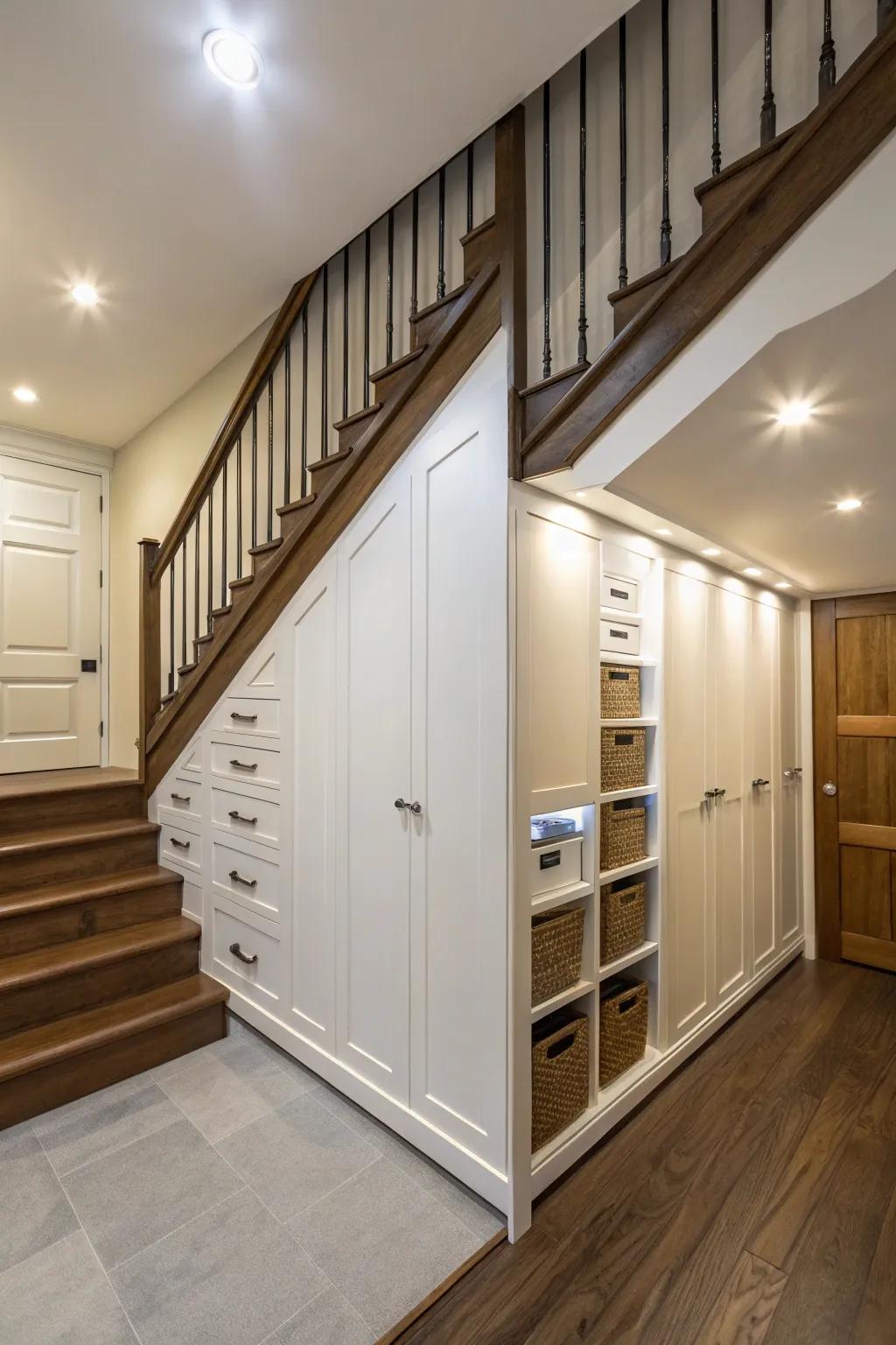 Hidden storage under the stairs keeps your home tidy.