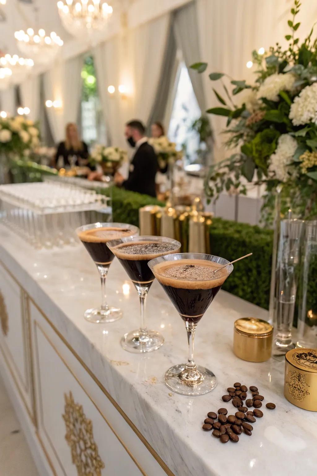 An espresso martini station at a wedding coffee bar.