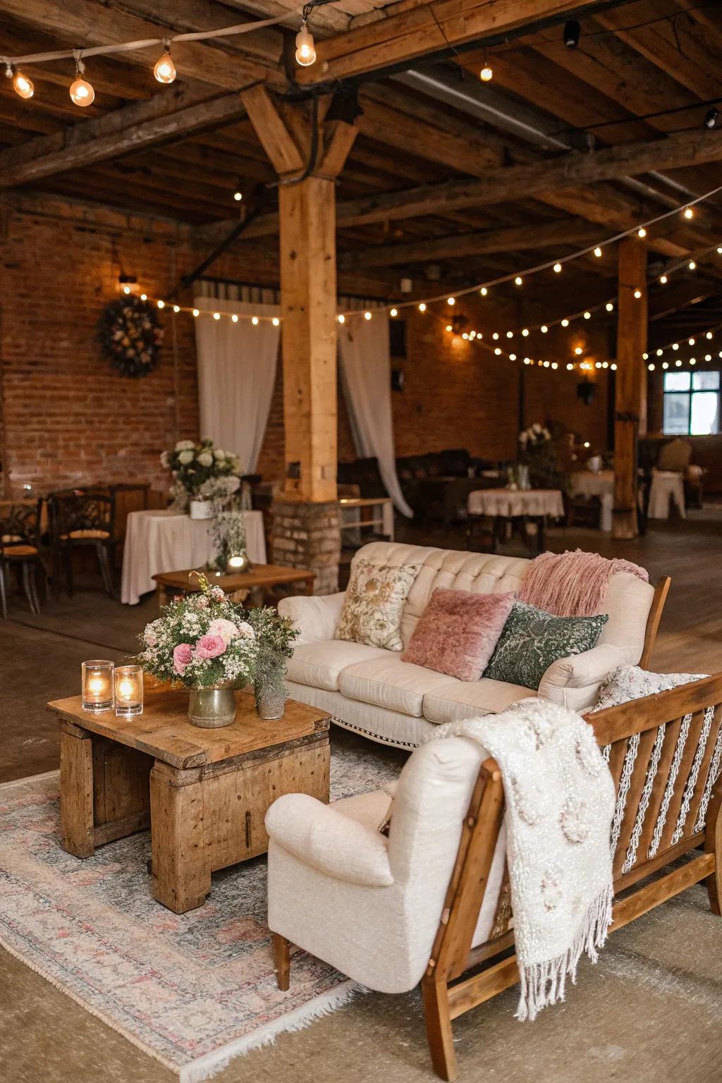 A rustic lounge area at a wedding, featuring vintage furniture and soft textiles for guest comfort.