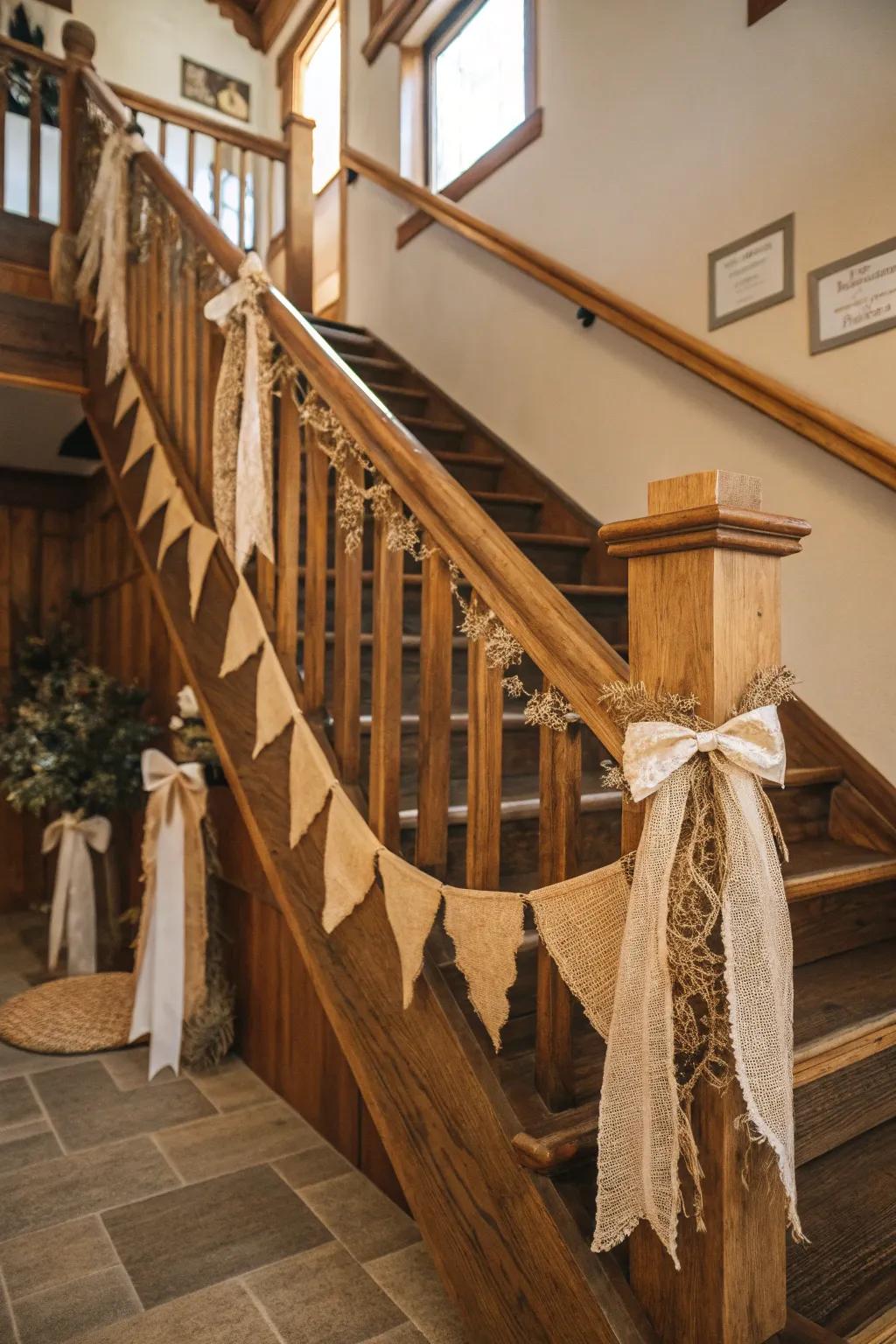 Rustic wooden accents and burlap bring a cozy charm to this staircase.