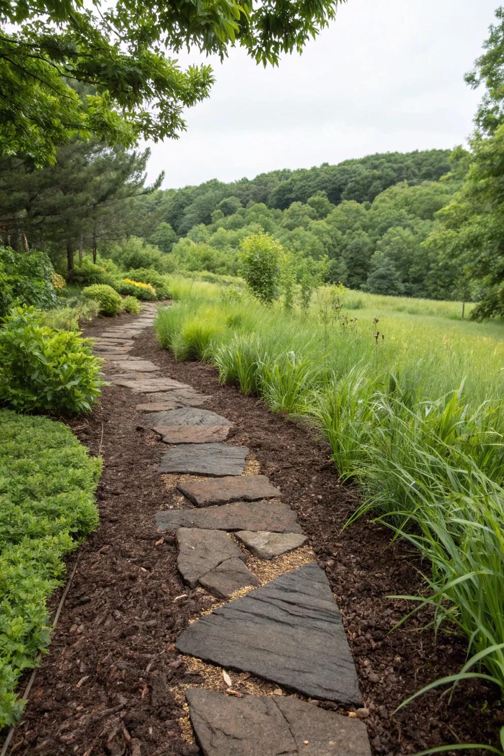 Mulch provides a natural and earthy touch between flagstones.