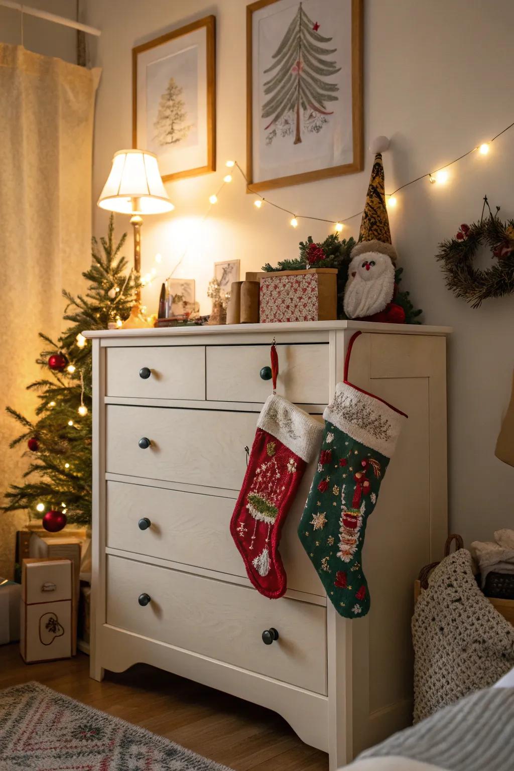 Dressers can serve as unexpected stocking hangers.