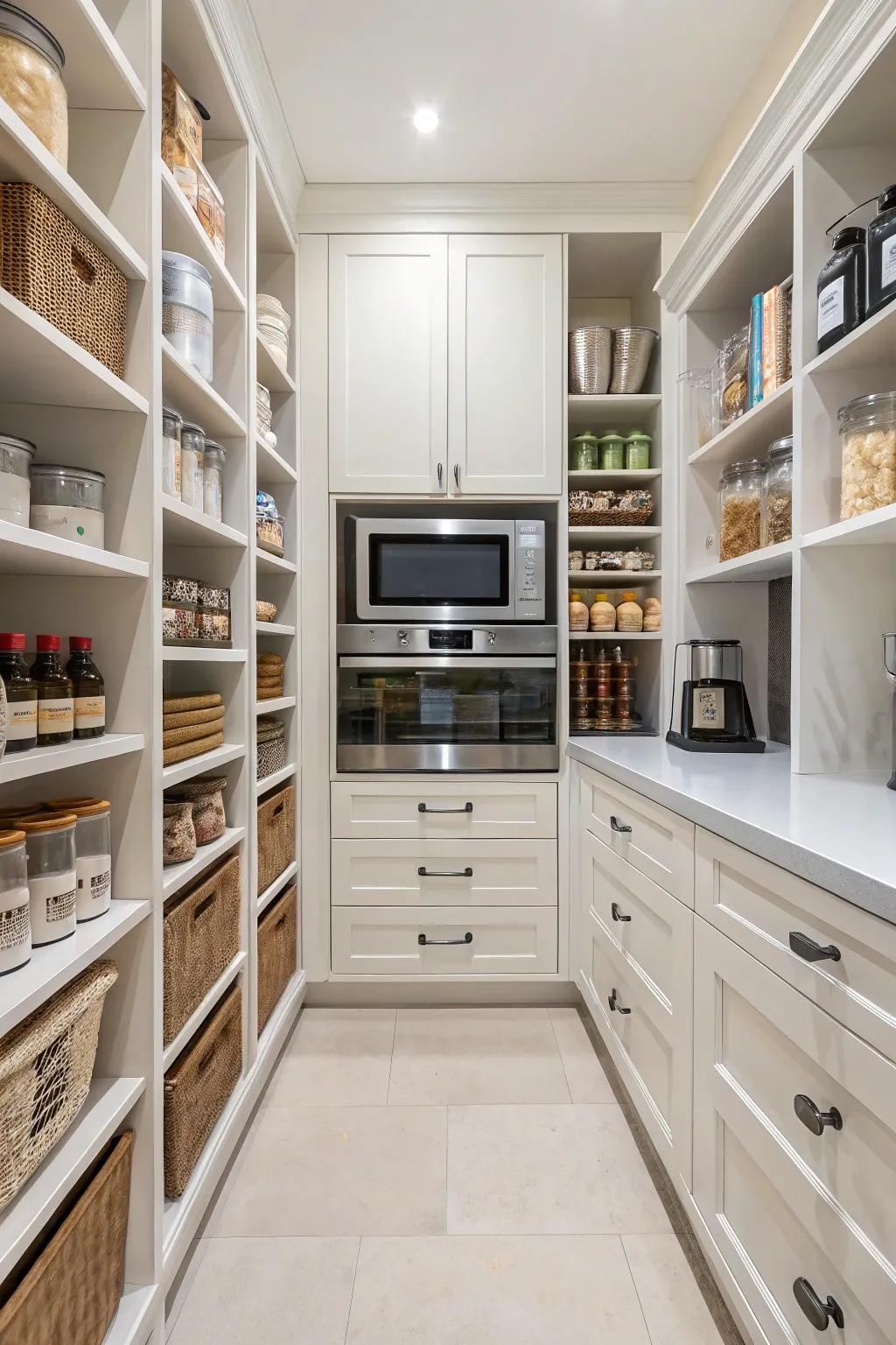 A walk-in pantry with a microwave keeps your kitchen open and organized.