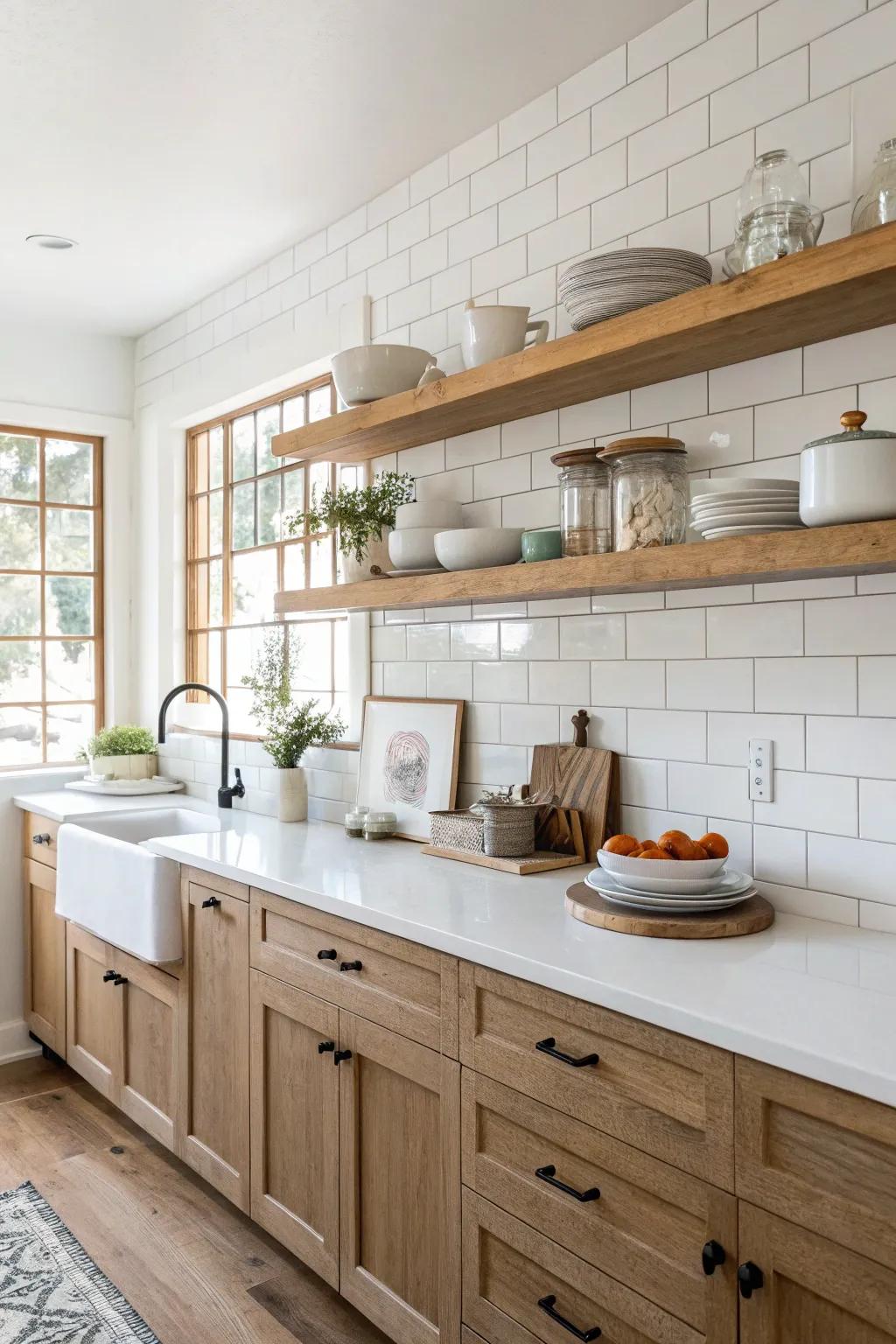 Open shelving allowing the backsplash to shine.