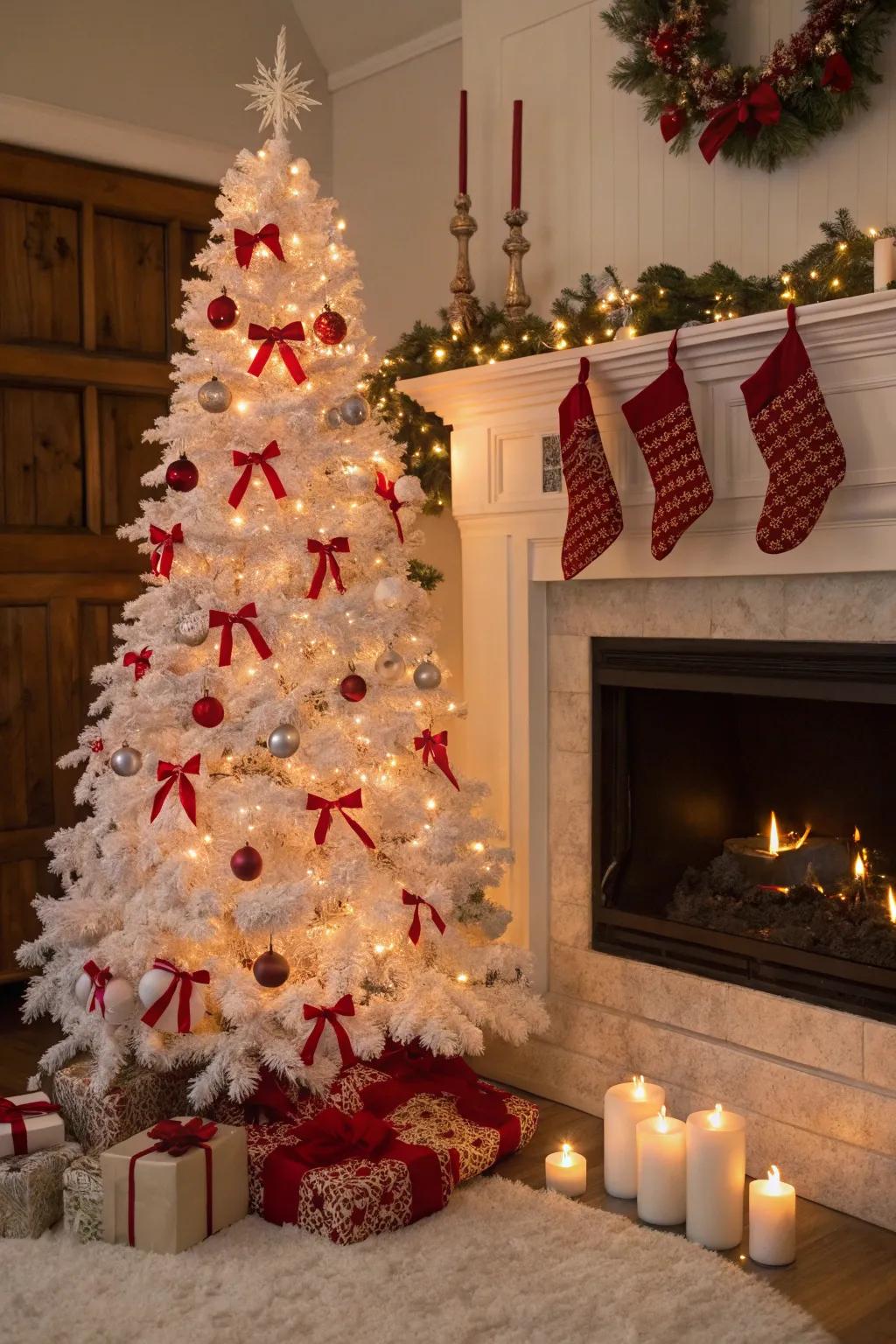 Classic red accents adding festive cheer to a white Christmas tree.