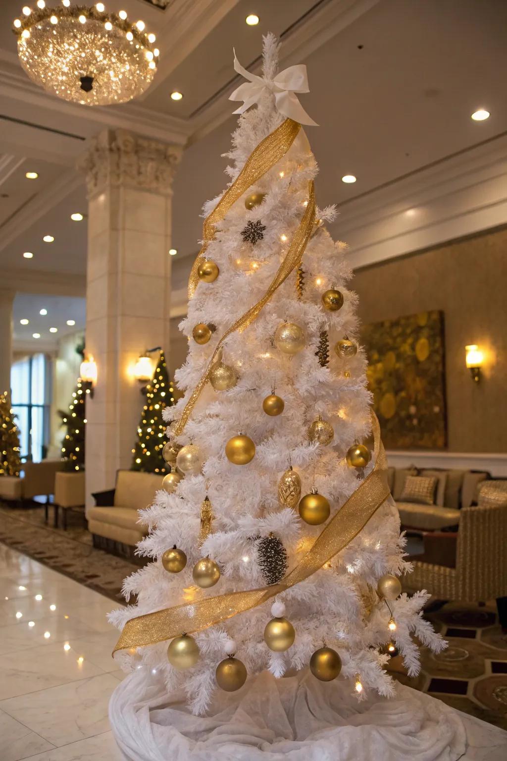 A glamorous gold-themed white pencil tree with metallic accents.