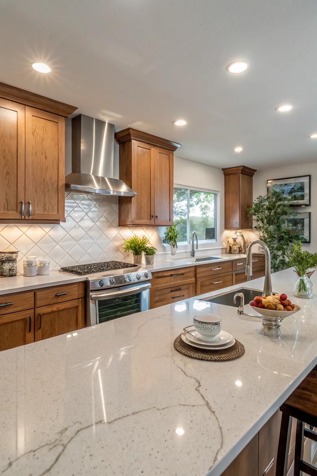 Quartz backsplash used as a striking feature wall in the kitchen.