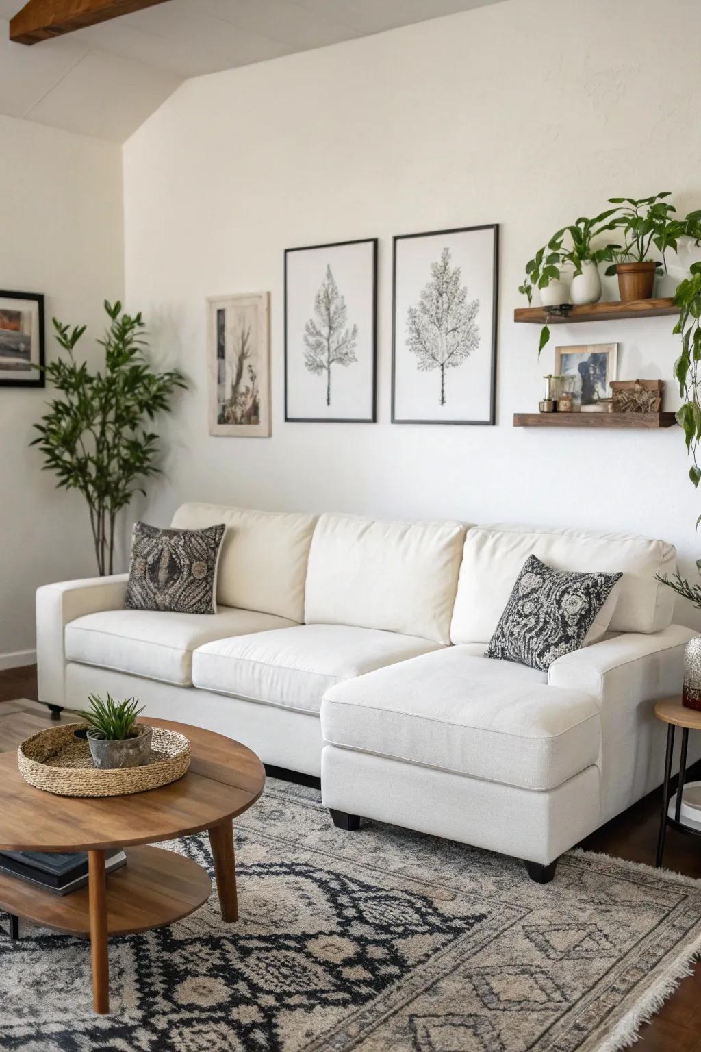 Minimalist wall art enhances the understated elegance of a white sectional.