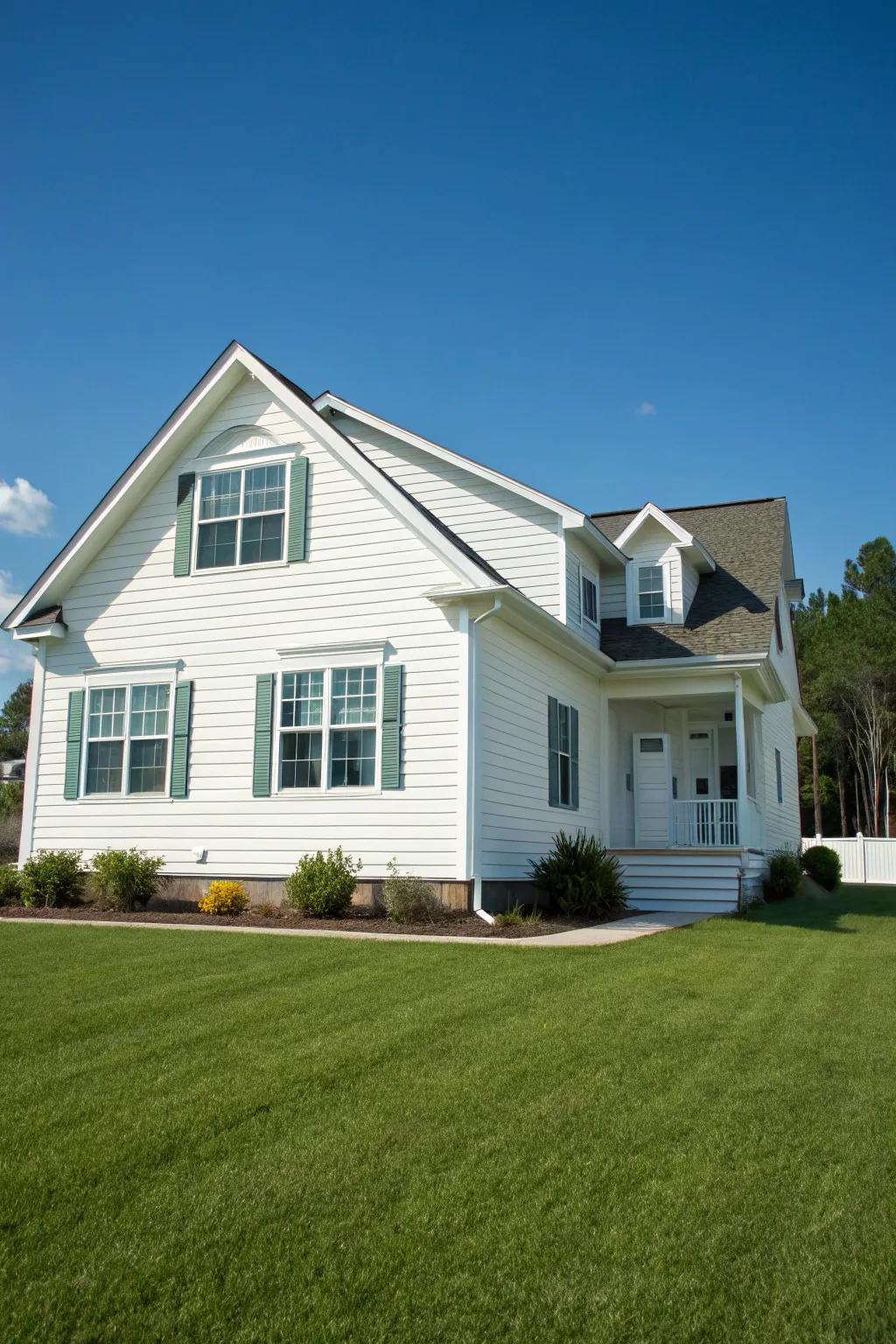 A symmetrical house featuring elegant white vinyl siding.