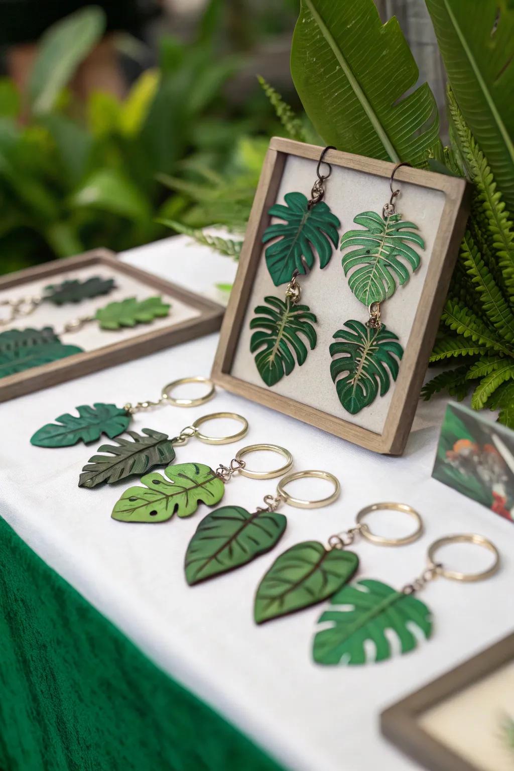 Leafy keychains make for a stylish and practical party favor.