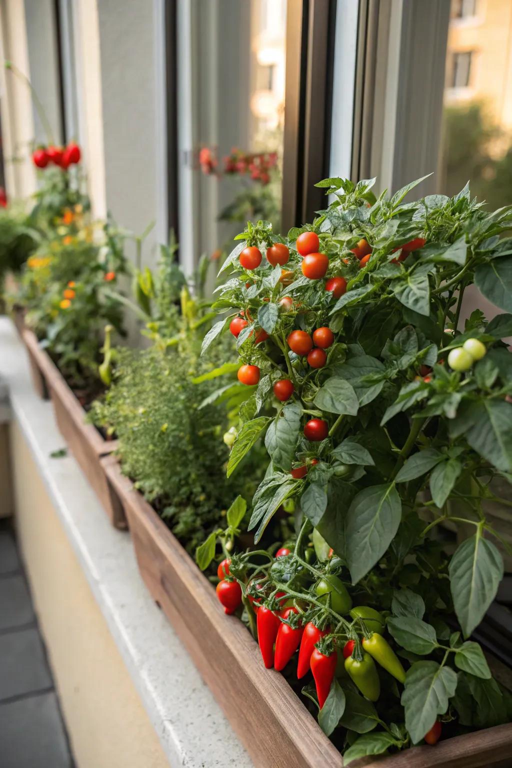 A fruitful window box with cherry tomatoes and peppers