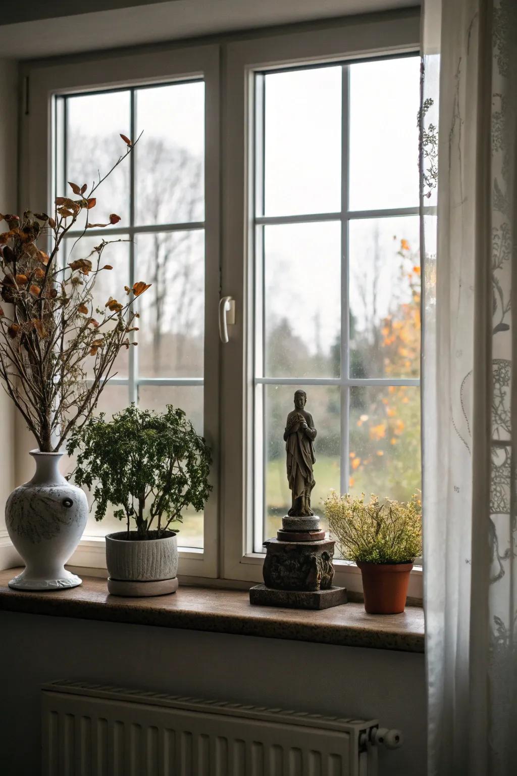 A small sculpture adds an artistic flair to this window sill.