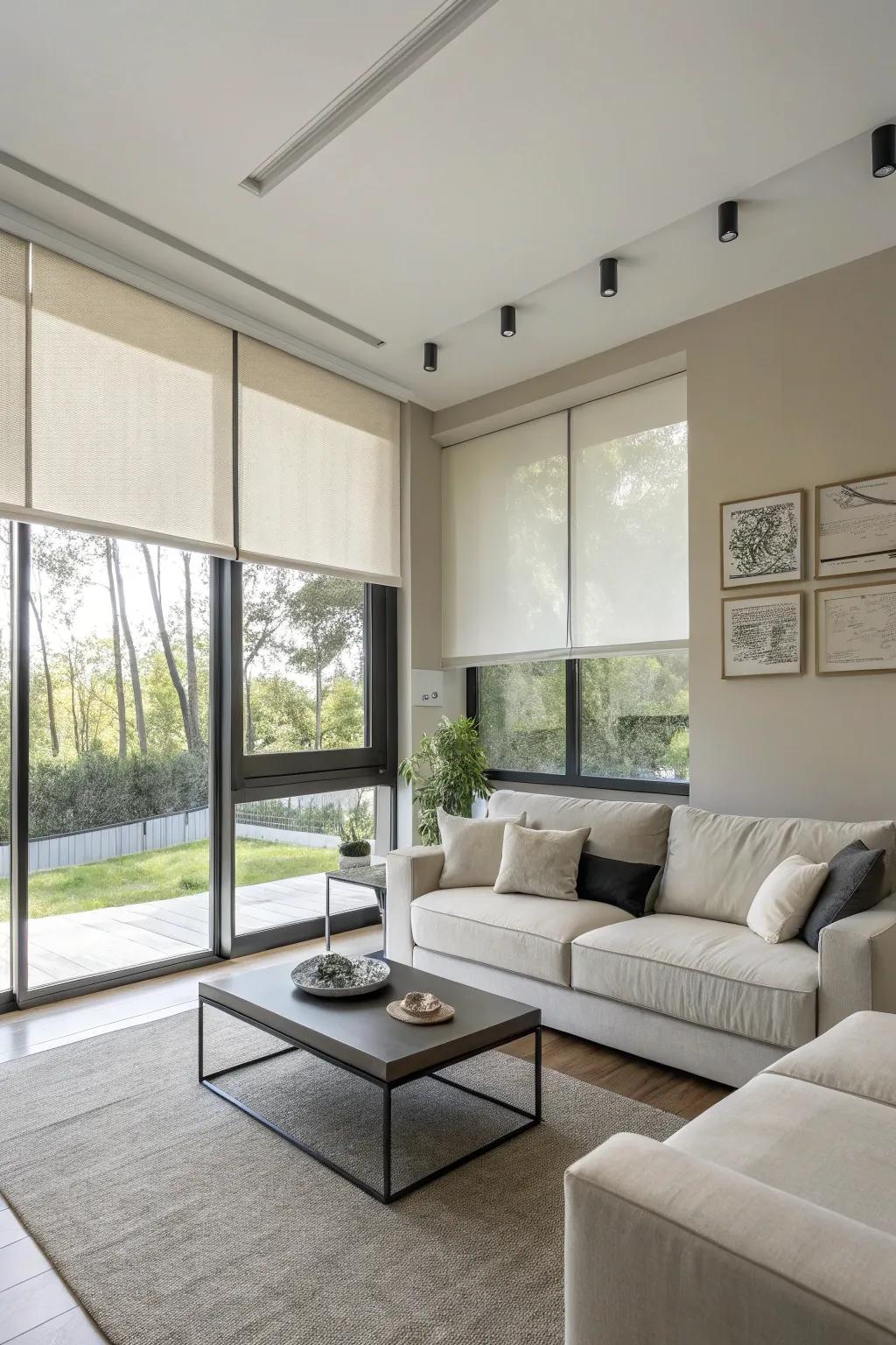 Achieve a minimalist look with sleek roller shades.