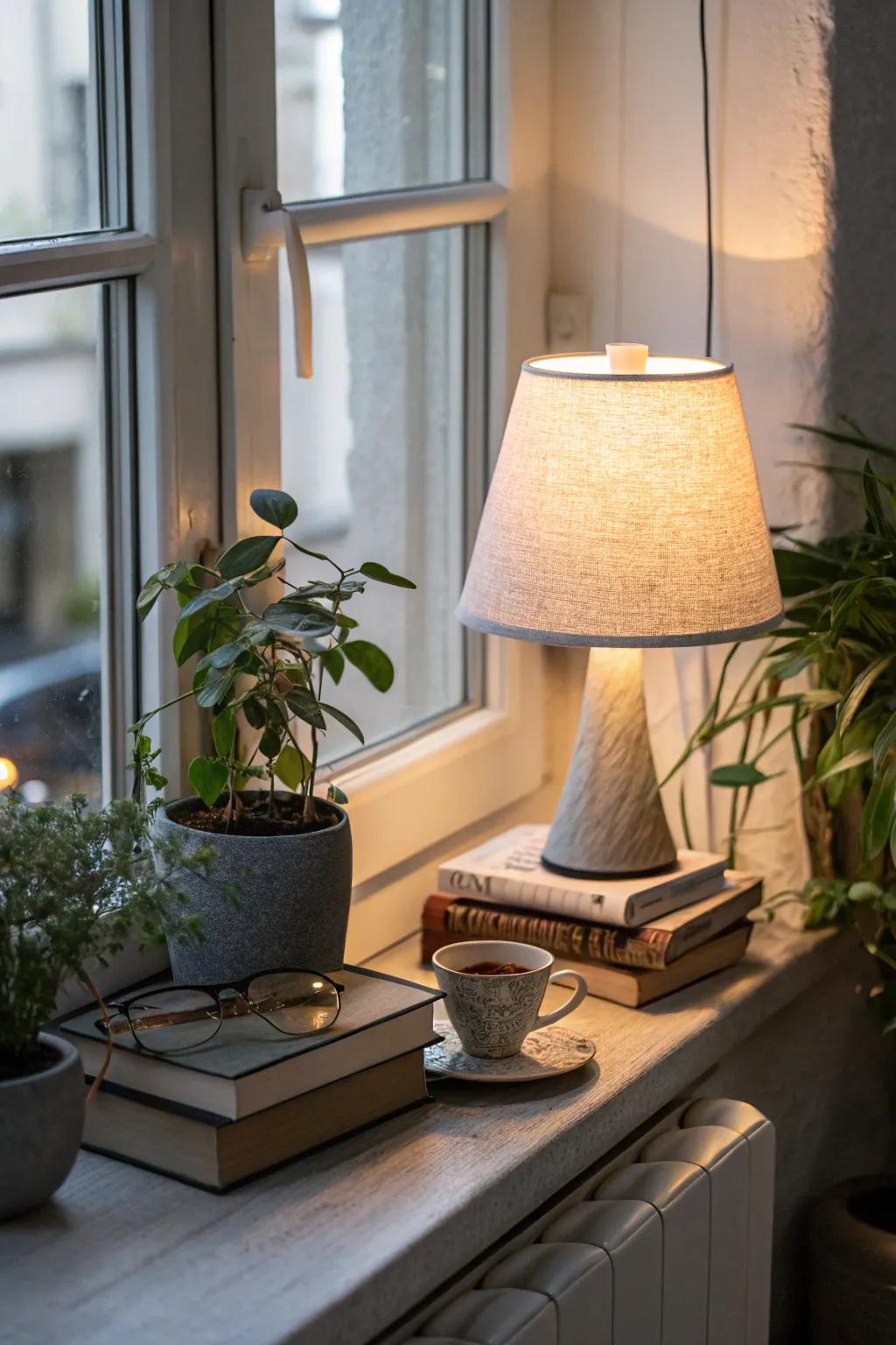 A lamp on the windowsill offers both function and style.