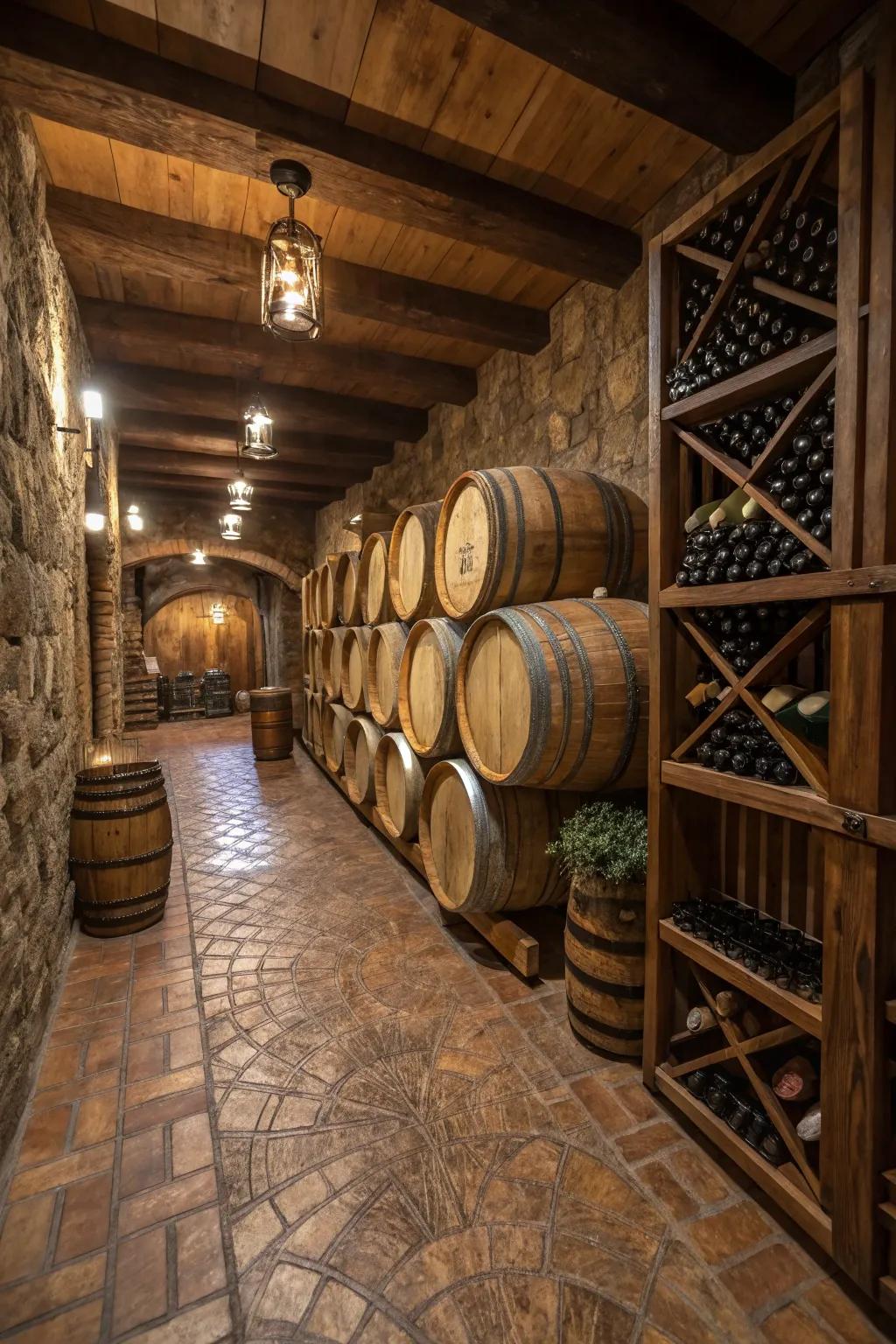 Wine cellar with unique wine barrel flooring.