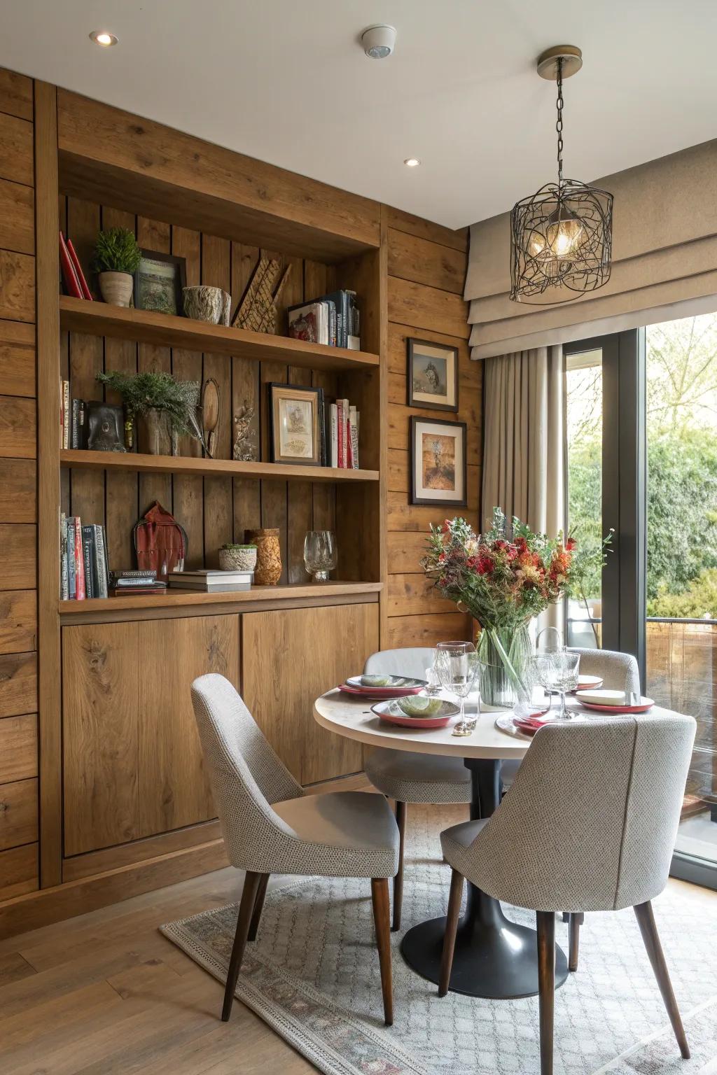 A dining room with a functional wood accent wall.